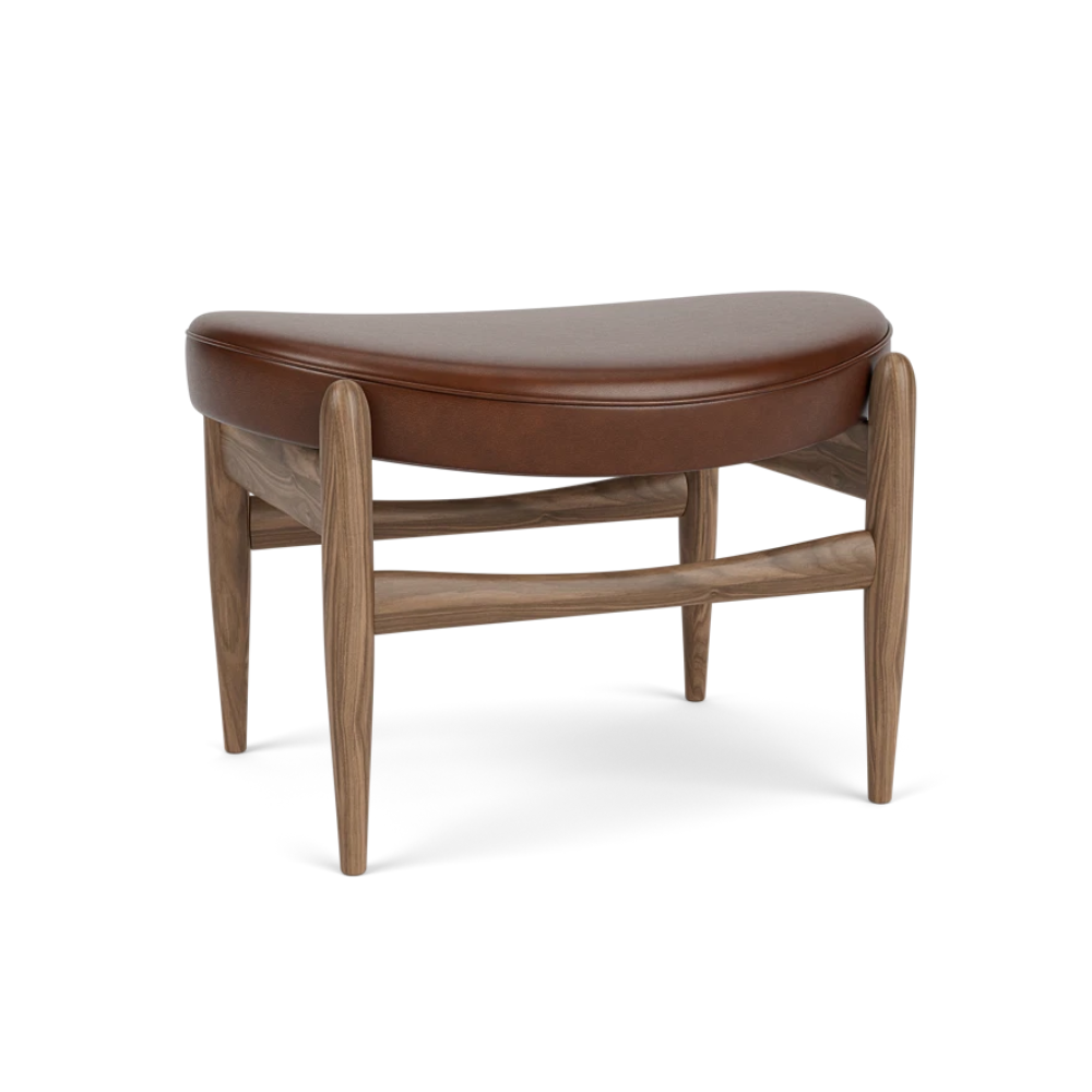 Fußhocker ELIZABETH braunes Leder mit Nussbaumfuß