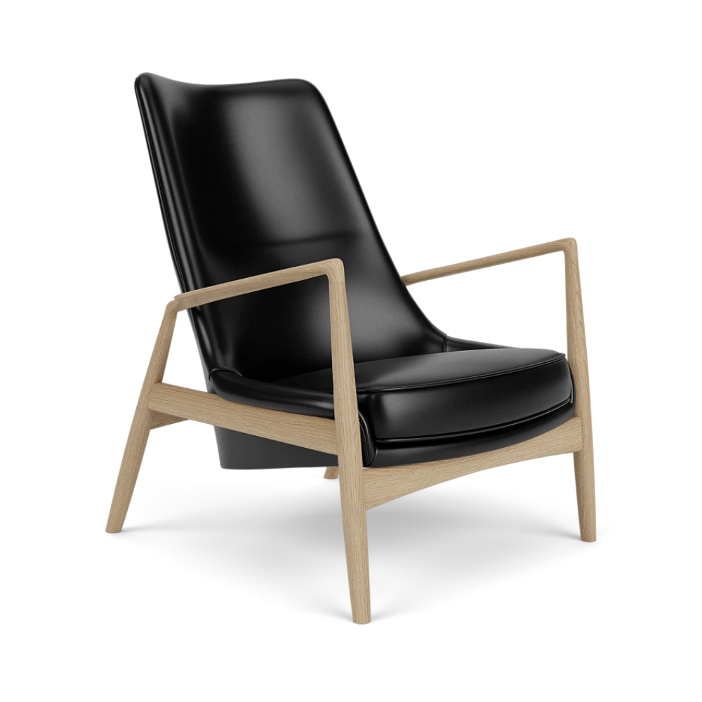 THE SEAL high-back armchair black leather with oak base