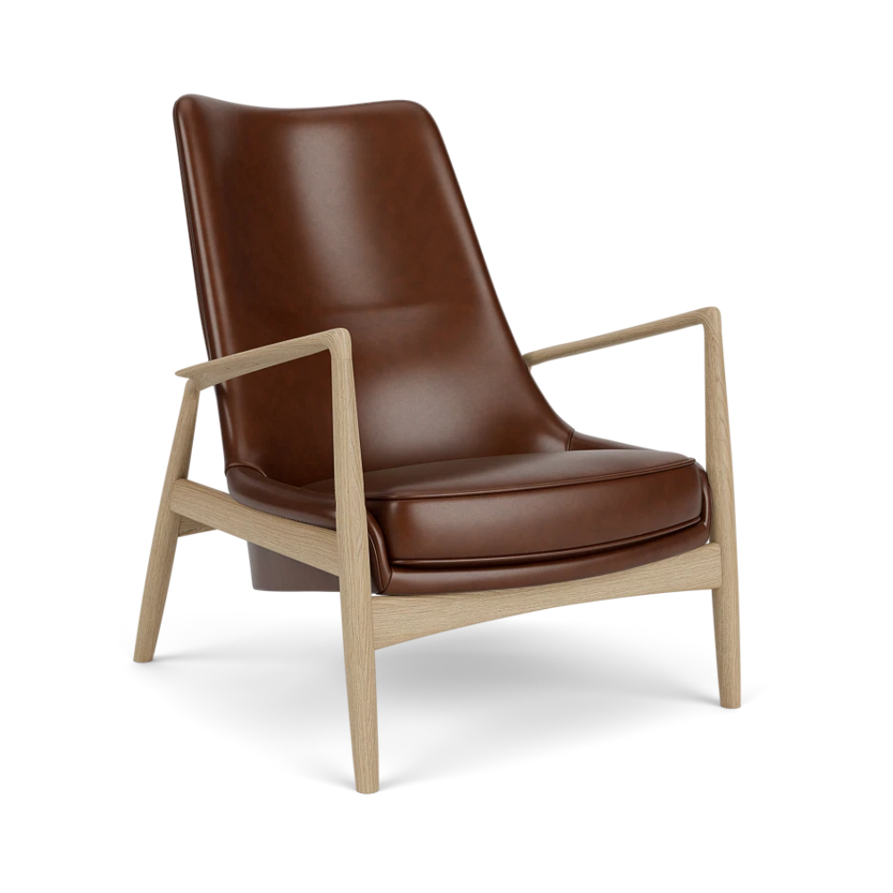 Sessel mit hohem Rücken THE SEAL braunes Leder mit Eichenbasis