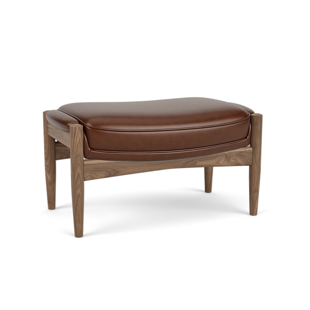 Voetenbank THE SEAL bruin leer met notenhouten basis