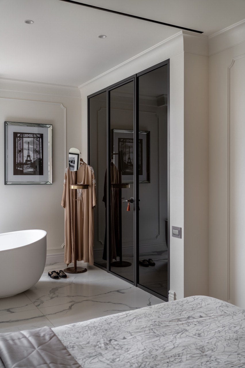 Coat rack with mirror GALAN W walnut wood with brown marble and brass finish