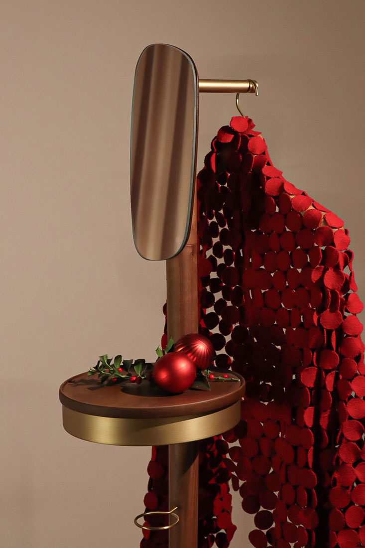 Coat rack with mirror GALAN W walnut wood with brown marble and brass finish