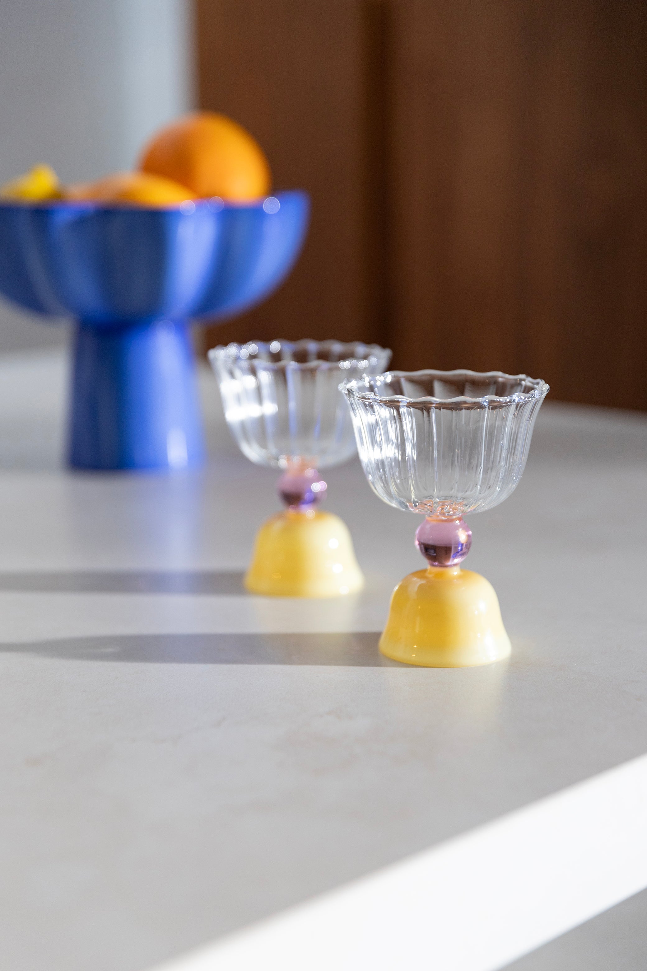 Set of Glass Tulip Glasses Yellow with Pink