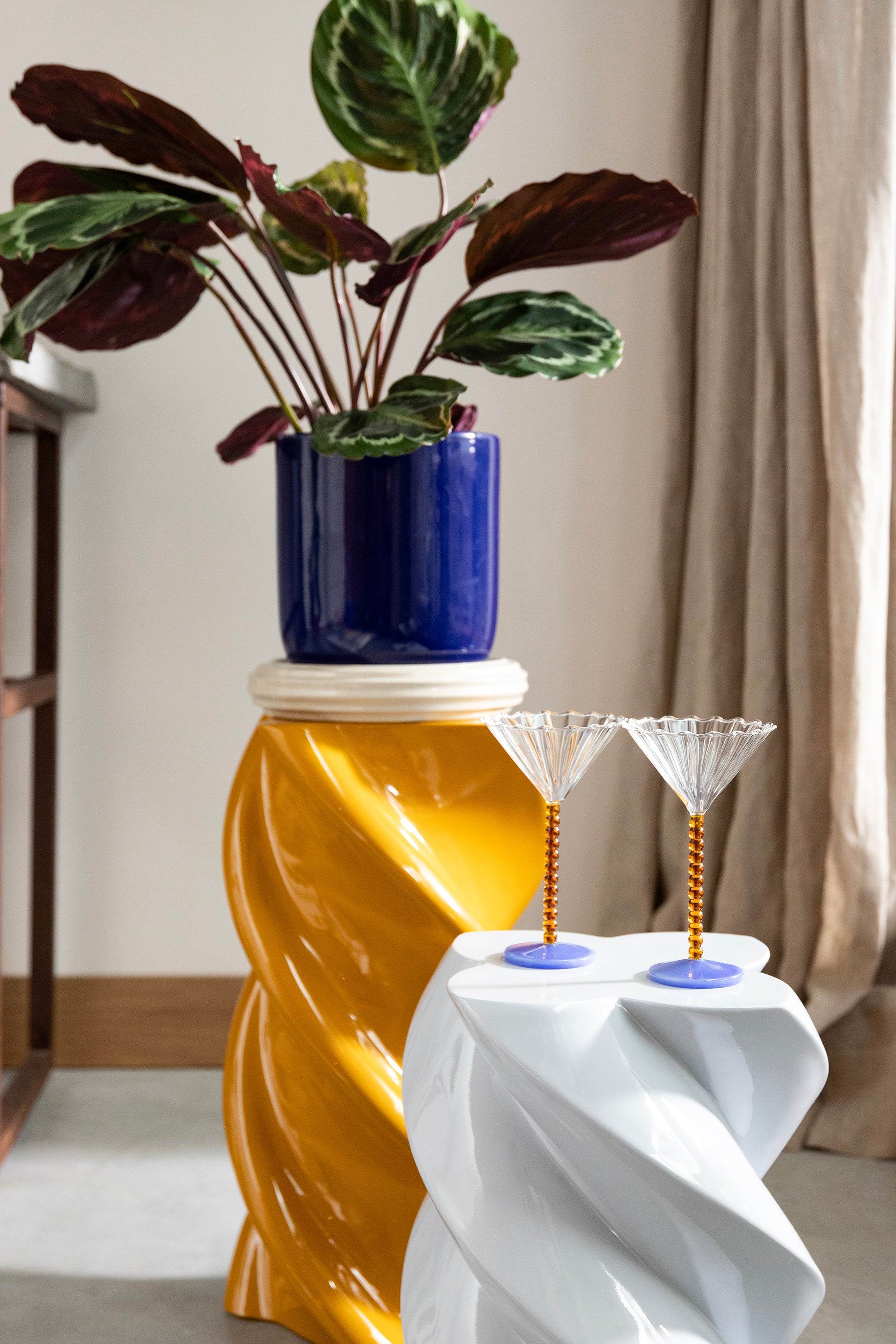 Set van glazen glazen PERLE amberkleurig met blauw