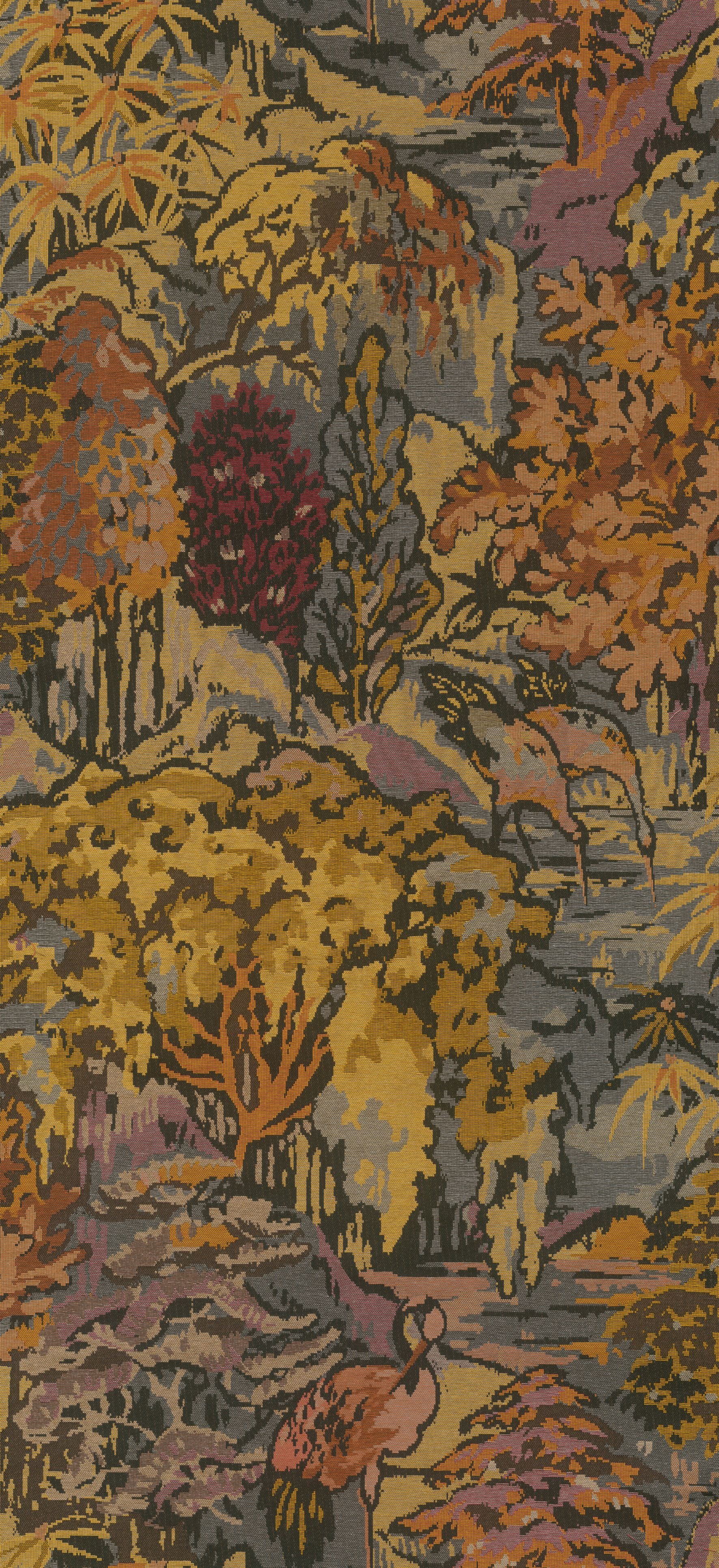 Textielbehang met plantaal en dierlijk motief RIVERBANK goud met oranje