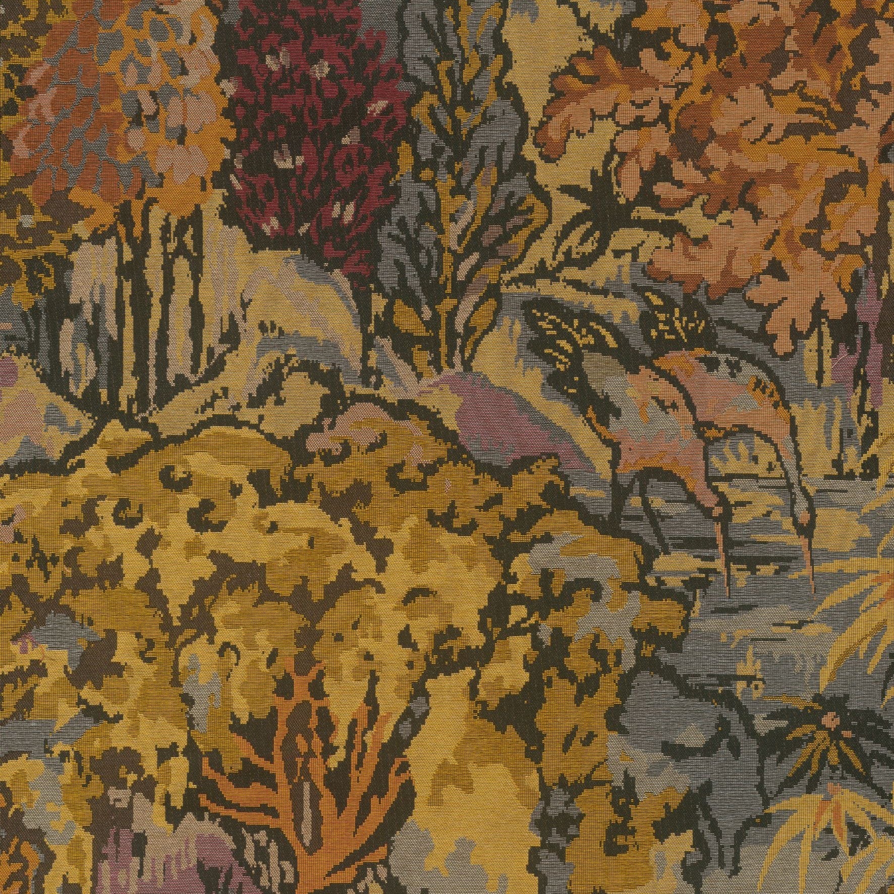 Textielbehang met plantaal en dierlijk motief RIVERBANK goud met oranje