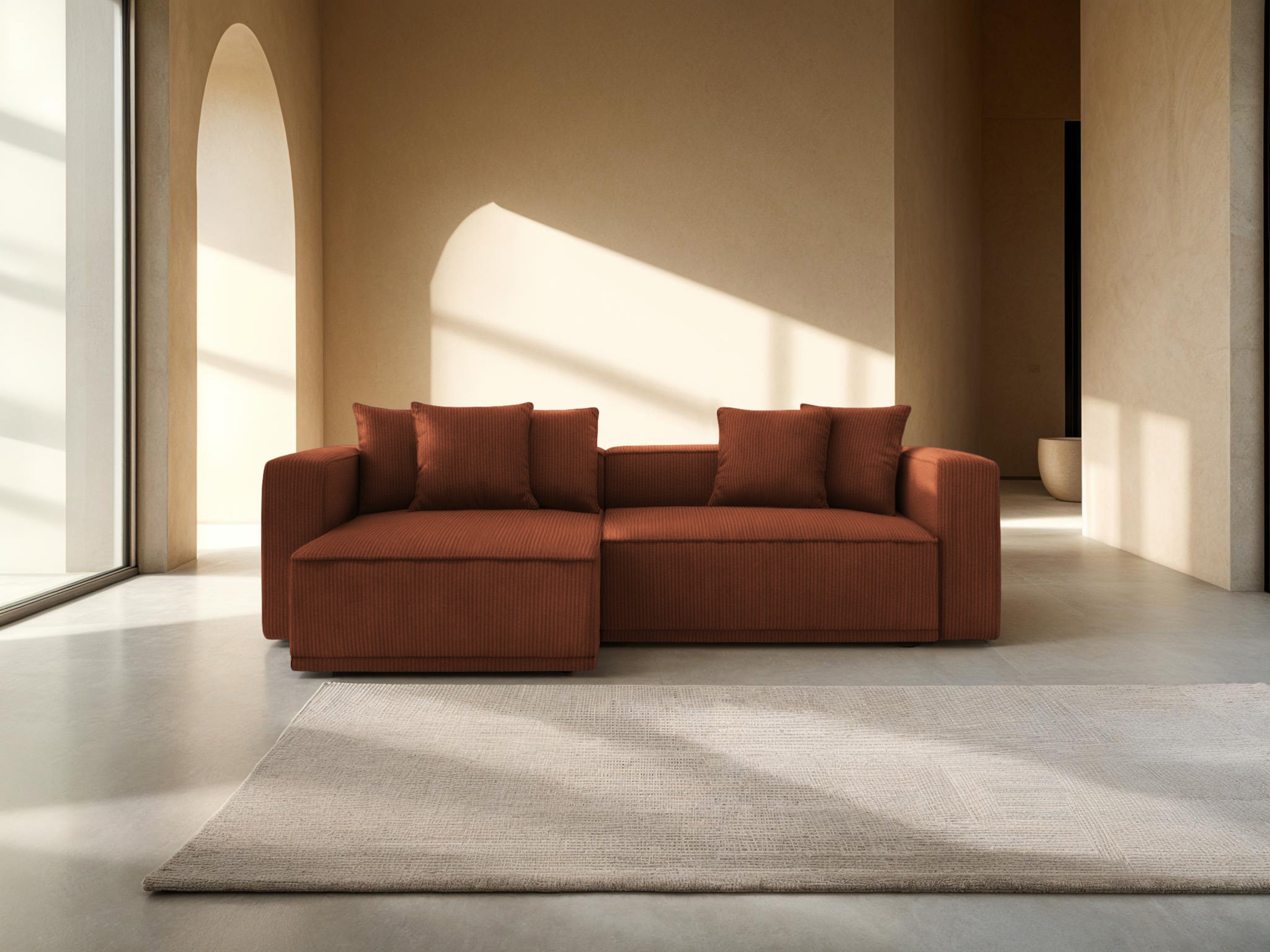 Links hoekbank met slaapfunctie RIBES baksteen corduroy