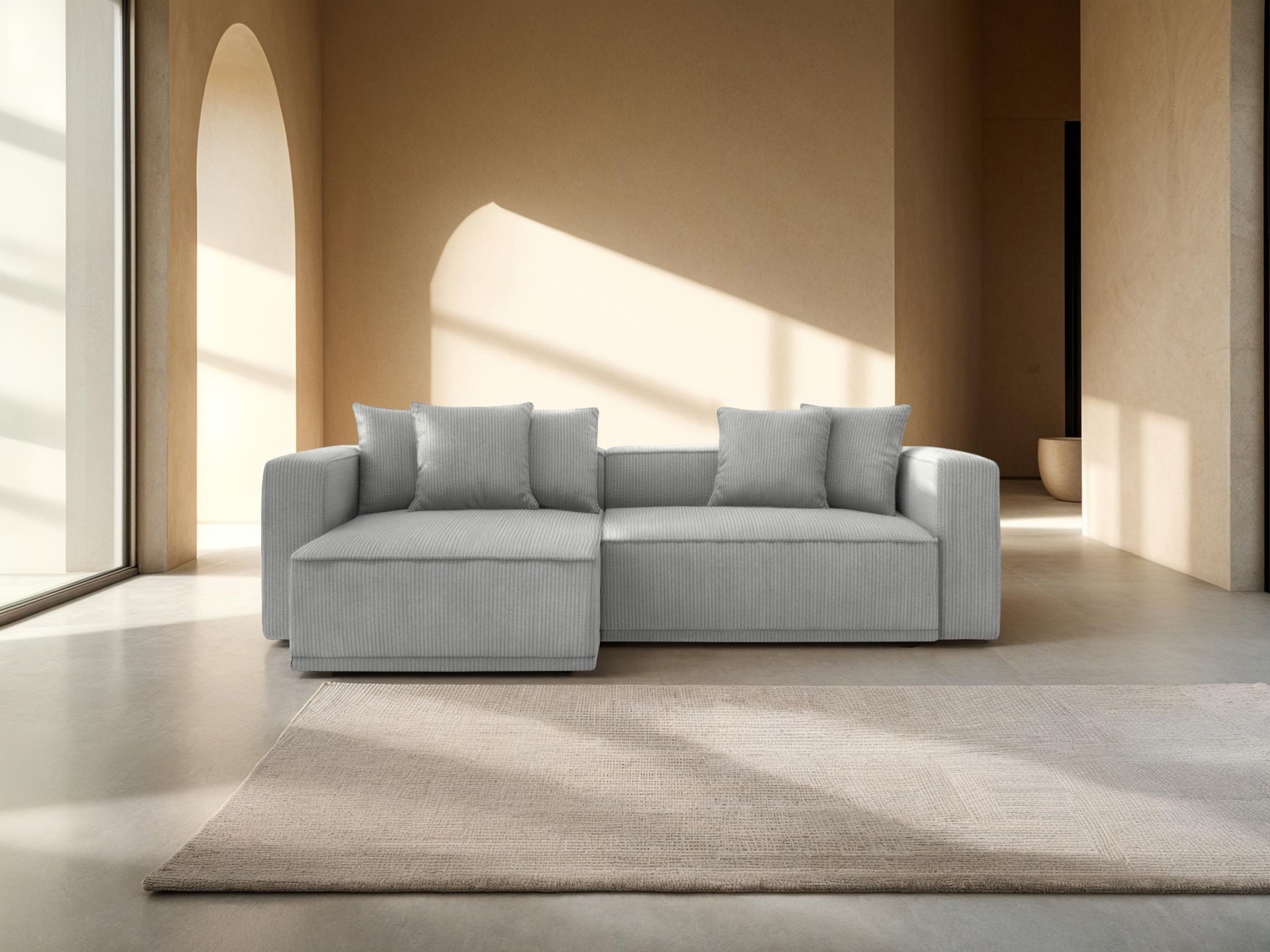 Links hoekbank met slaapfunctie RIBES grijs corduroy