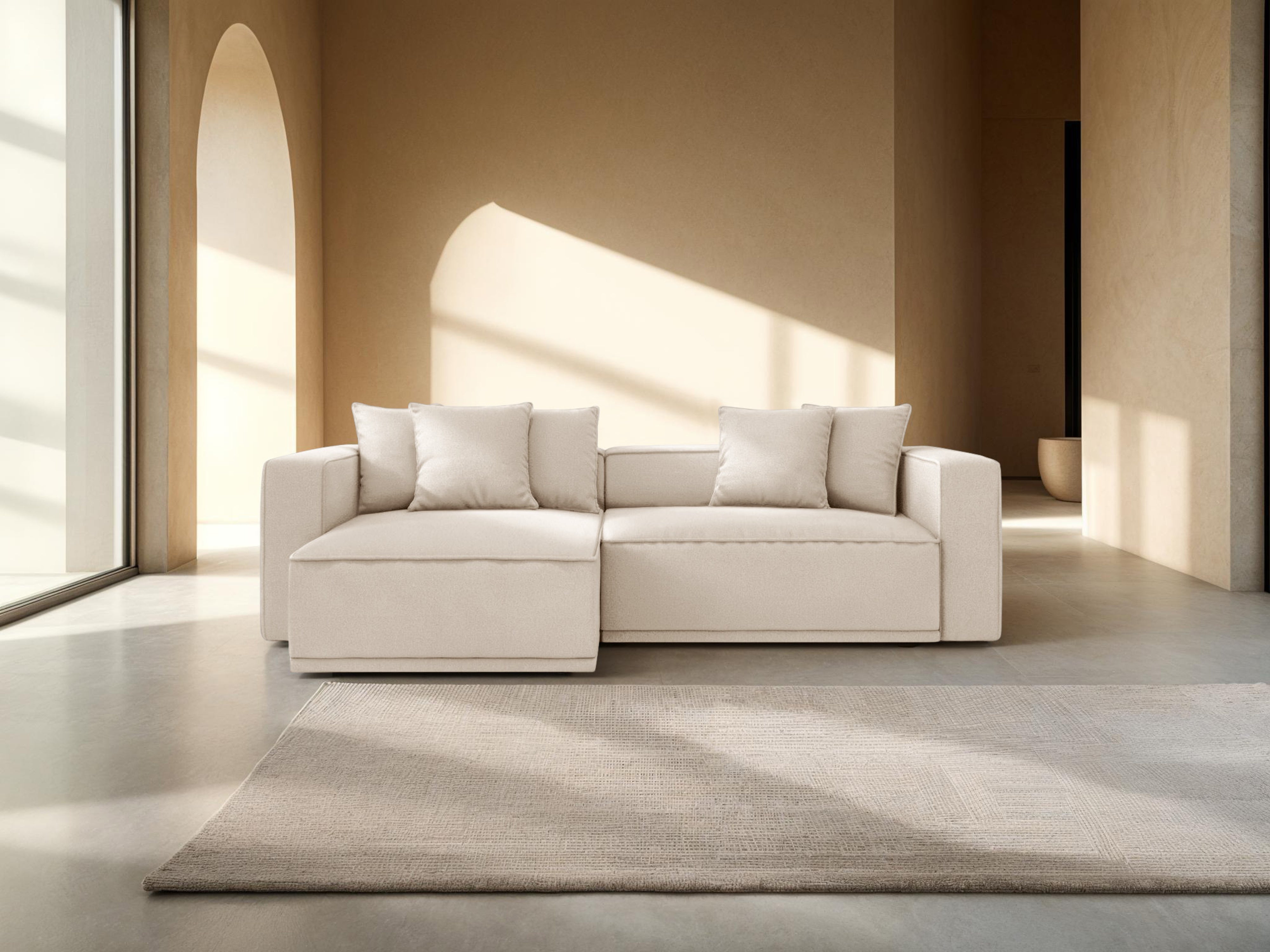 Linksseitige Schlafcouch RIBES in hellbeigem Chenille