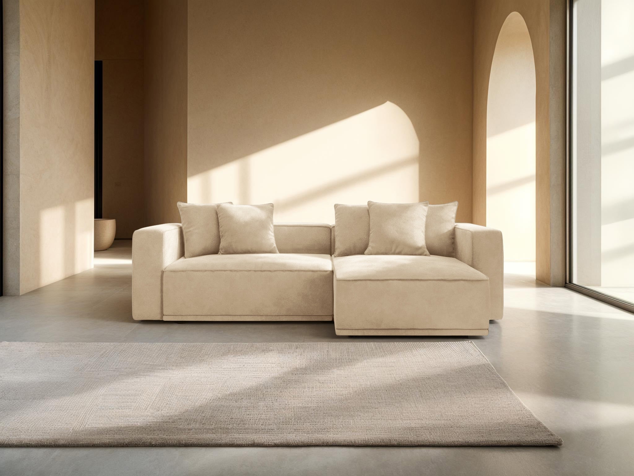 Fluwelen hoekbank rechts met slaapfunctie RIBES lichtbeige