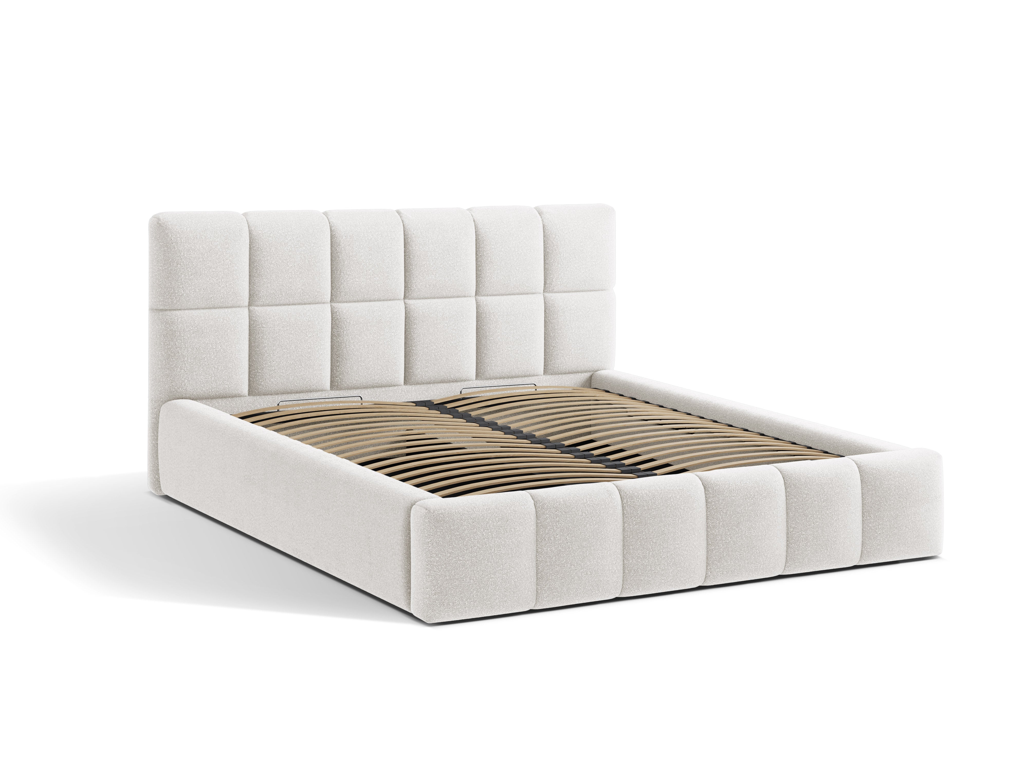 BELLIS bed with storage for bedding in white boucle