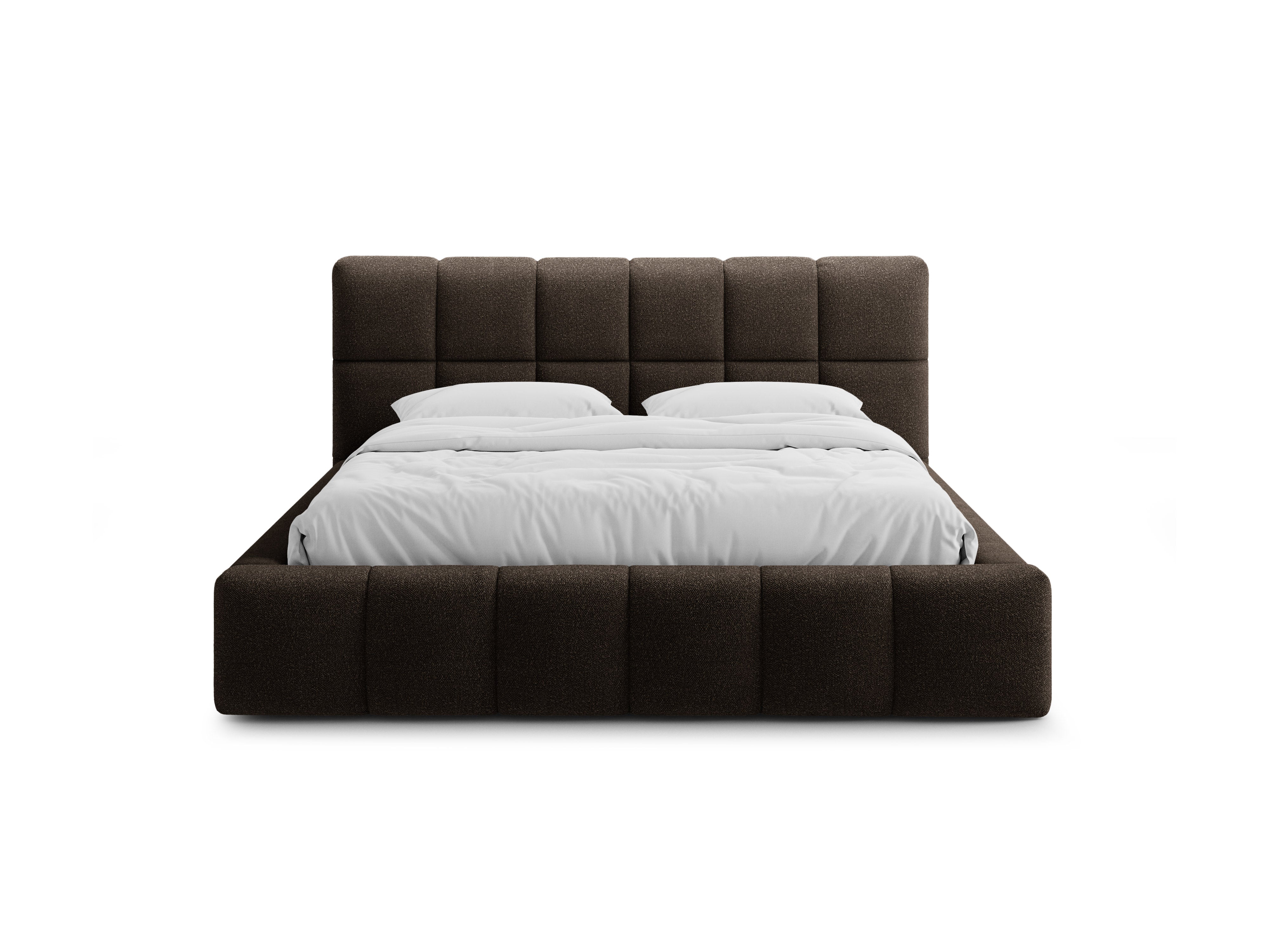 BELLIS bed met opbergruimte voor beddengoed in bruin boucle