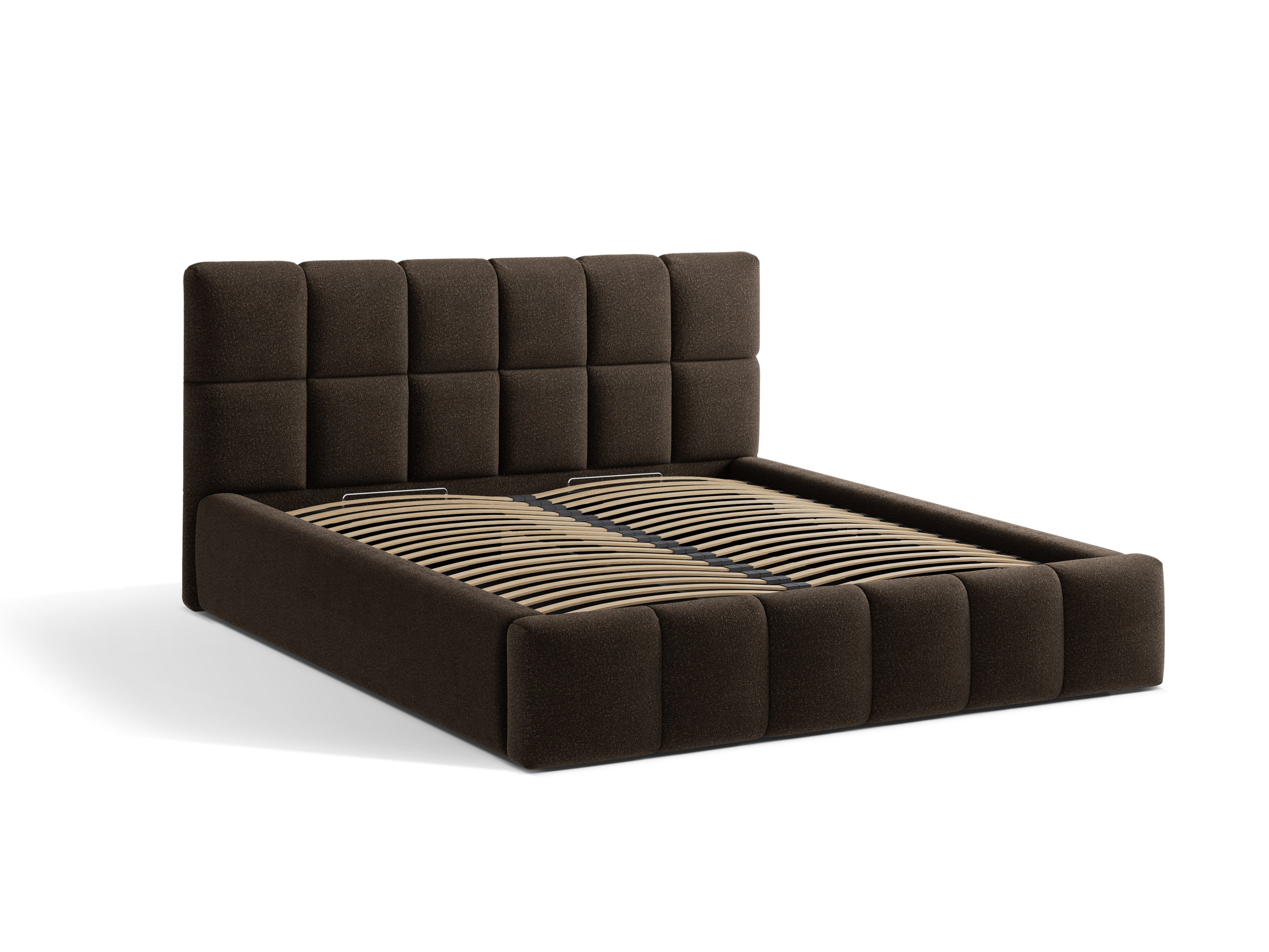 BELLIS bed met opbergruimte voor beddengoed in bruin boucle