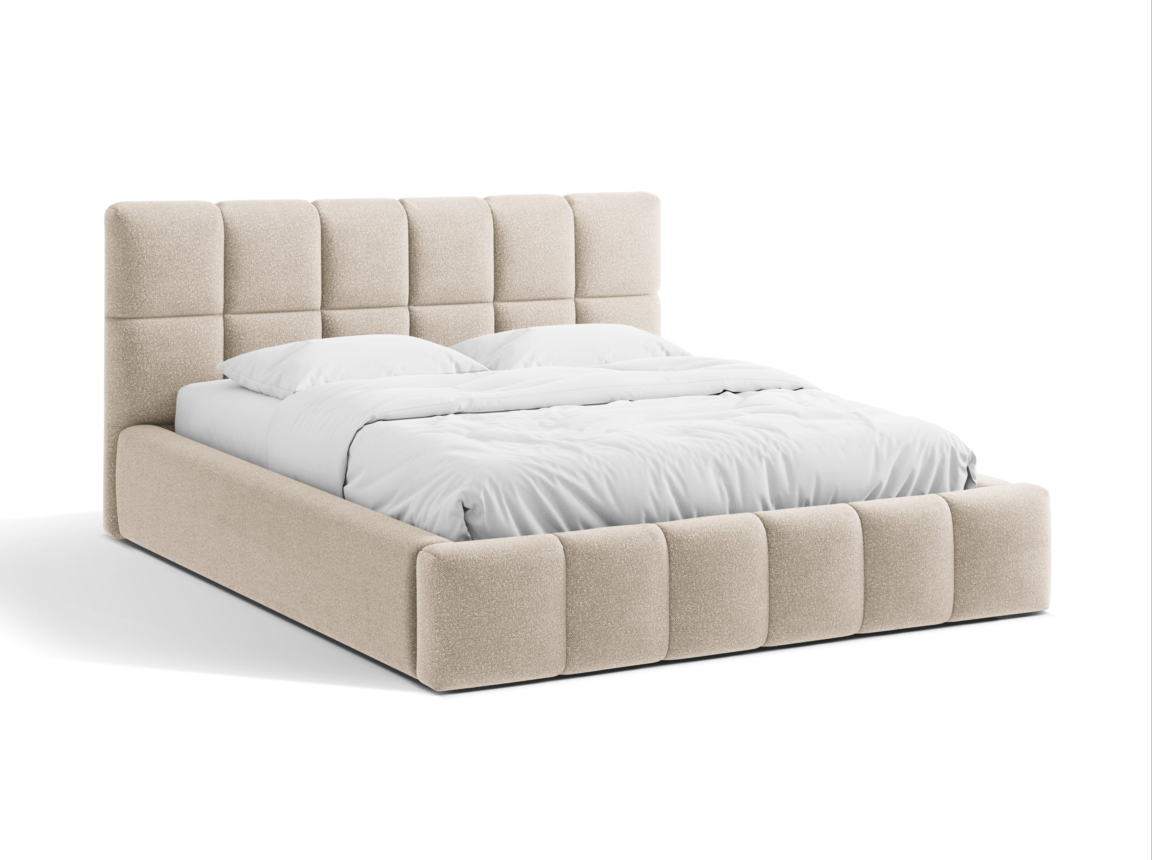 BELLIS bed met opbergruimte voor beddengoed in beige boucle