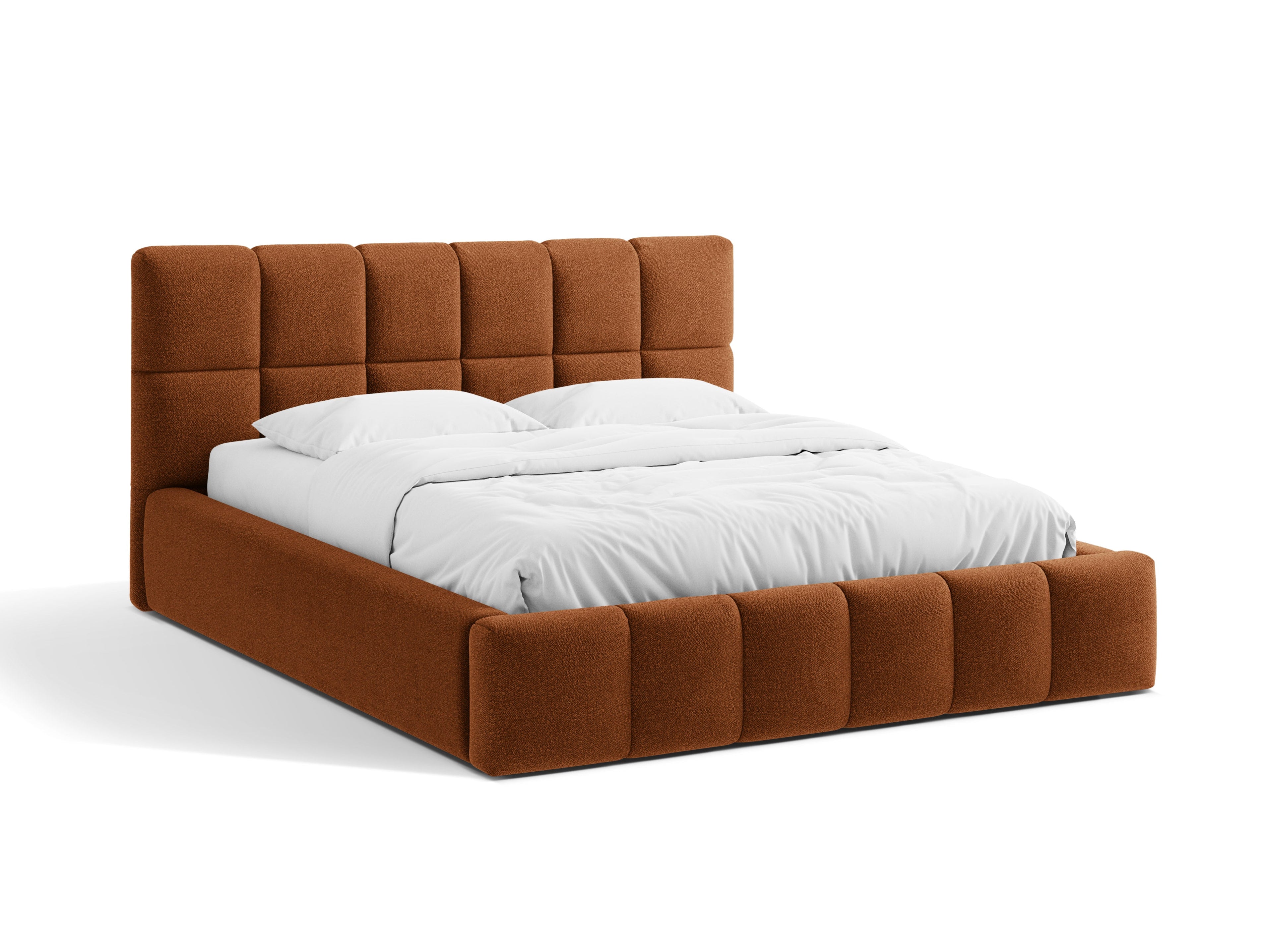 BELLIS bed met opbergruimte voor beddengoed in baksteen boucle