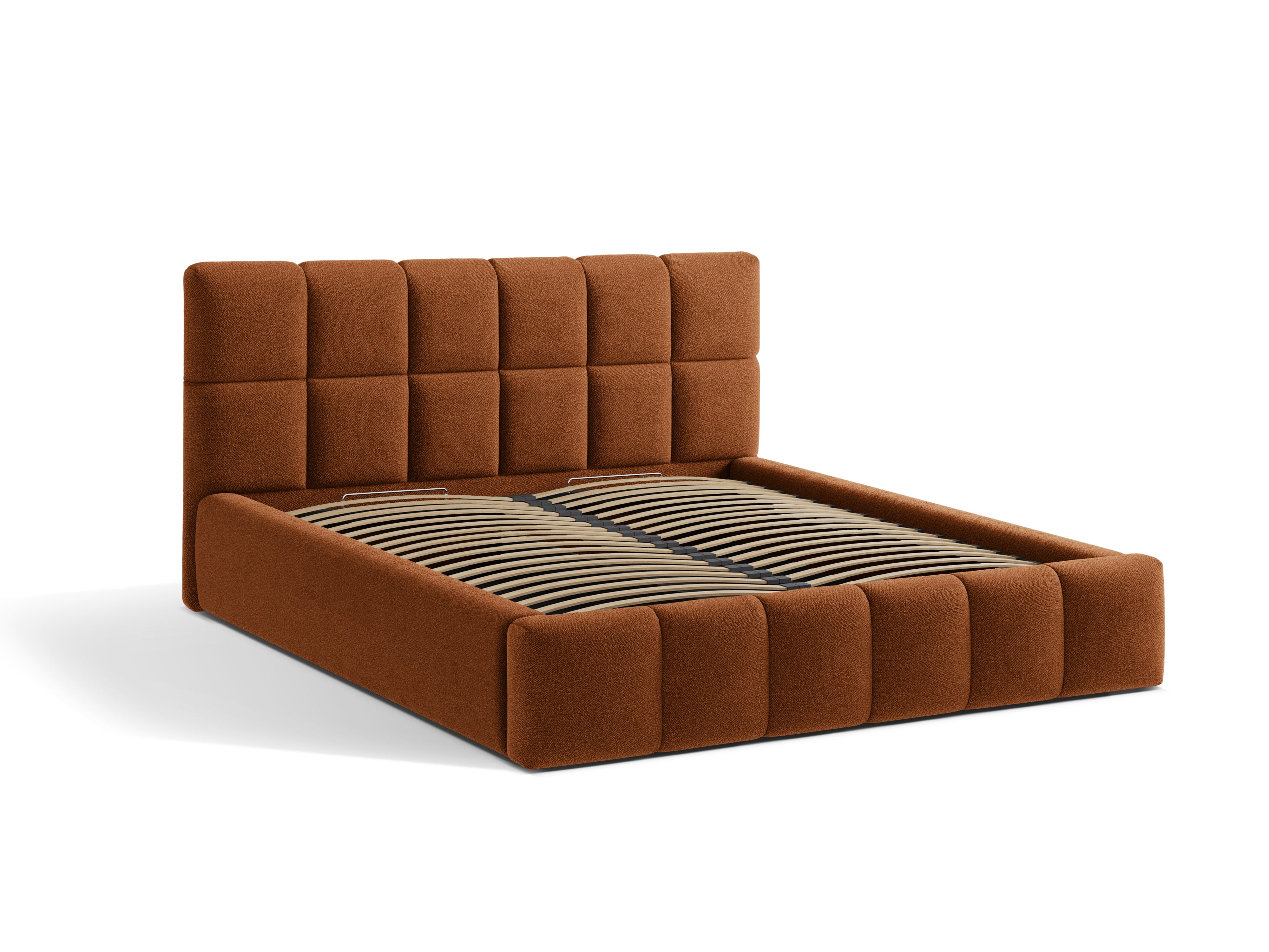 BELLIS bed met opbergruimte voor beddengoed in baksteen boucle