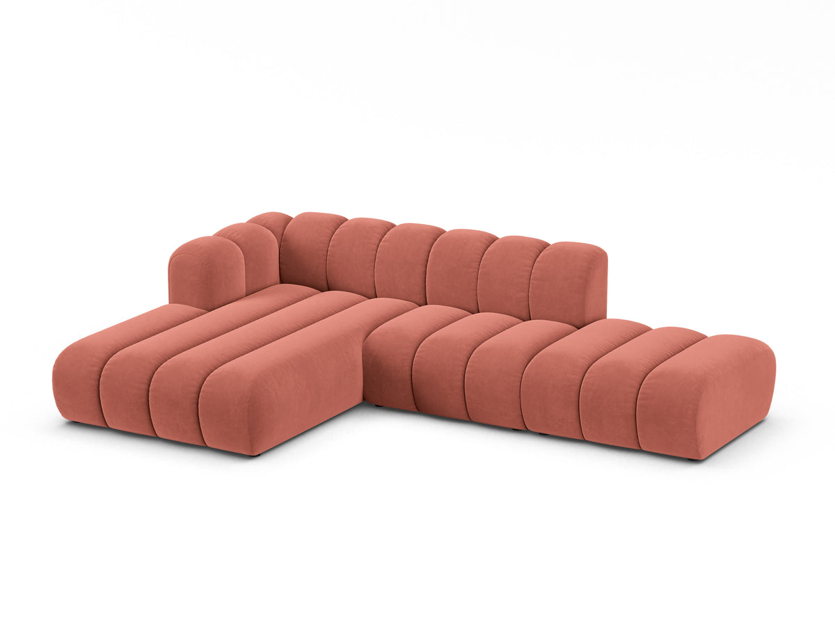 Narożnik aksamitny 5-osobowy lewostronny LUPINE koralowy – sofa narożna