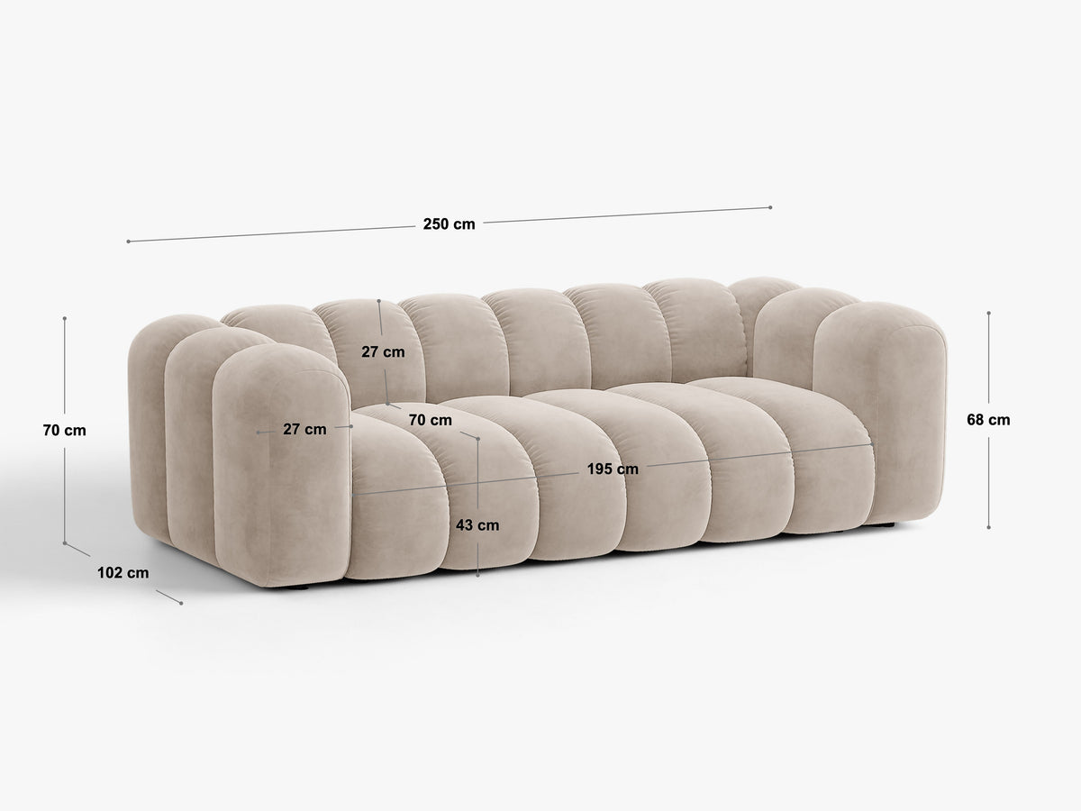 Sofa aksamitna 3-osobowa z funkcją spania LUPINE beżowy – wymiary