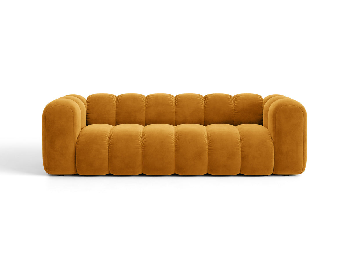 Sofa aksamitna 3-osobowa z funkcją spania LUPINE musztardowy – Micadoni