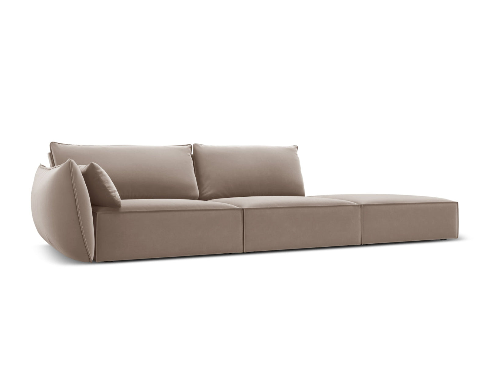 Sofa aksamitna z otomaną prawostronną 4-osobowa KAELLE cappuccino – ujęcie boczne