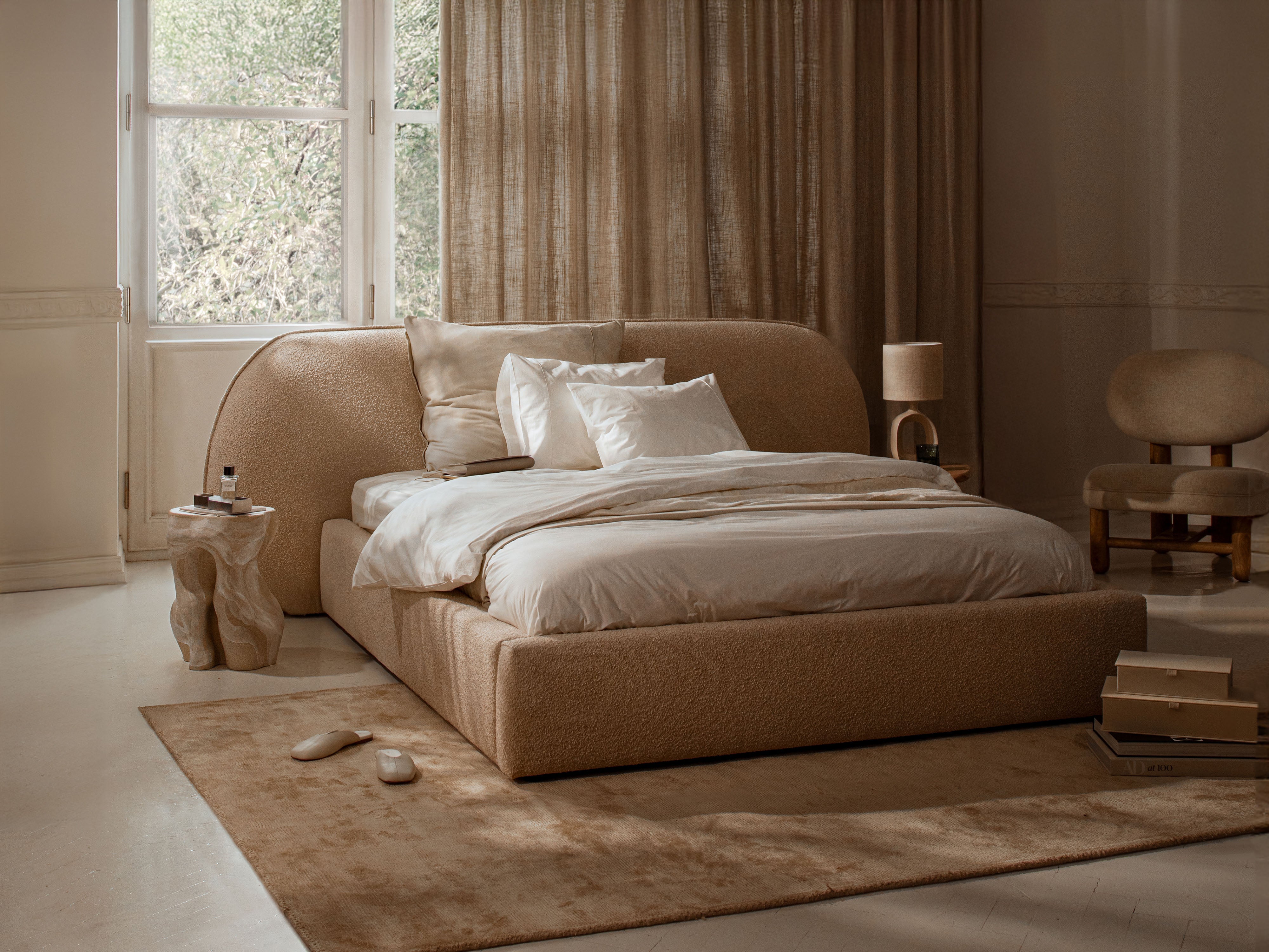 Bed OVALO donkerblauw boucle