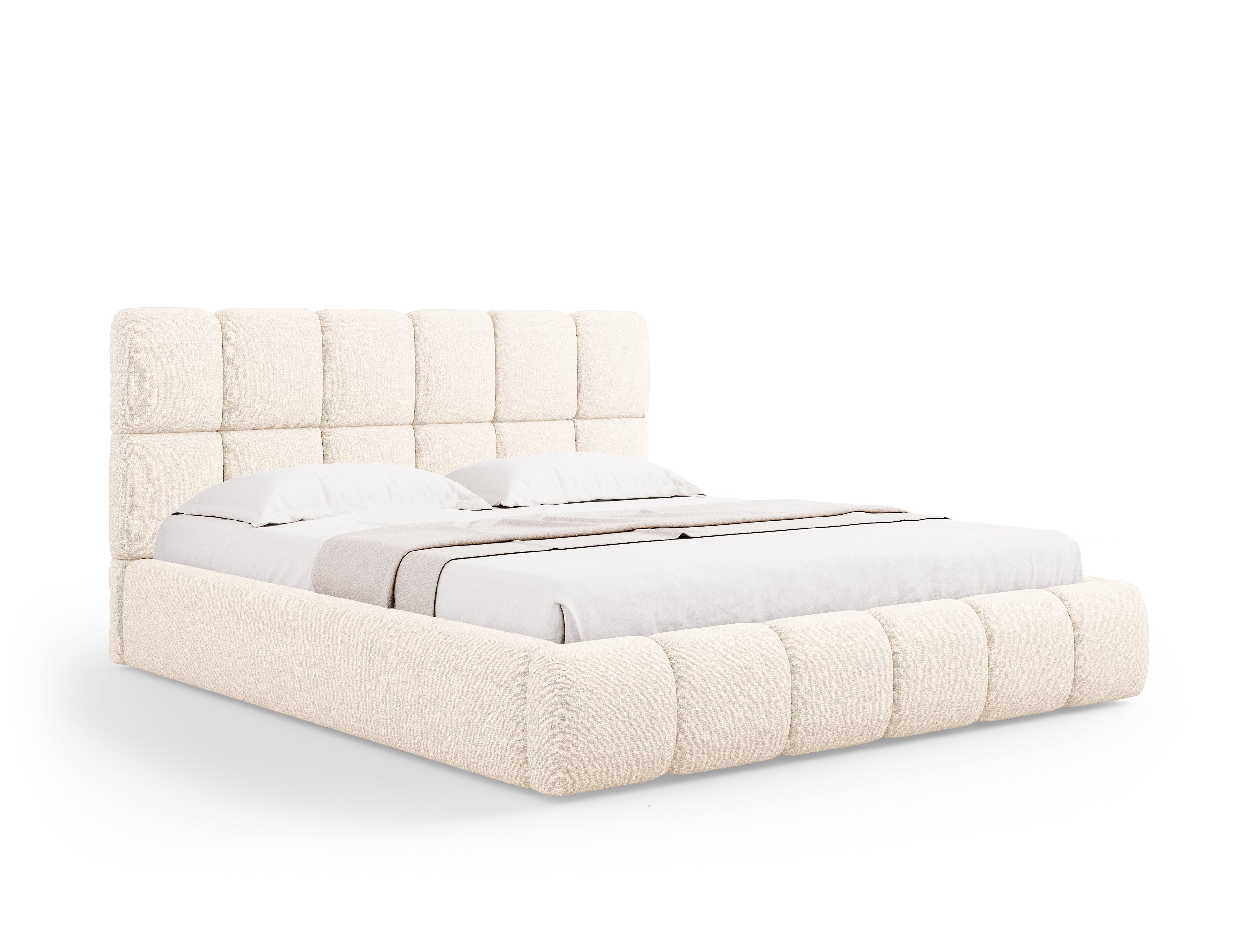 BELLIS bed met opbergruimte voor beddengoed in lichtbeige zijdeachtige chenille