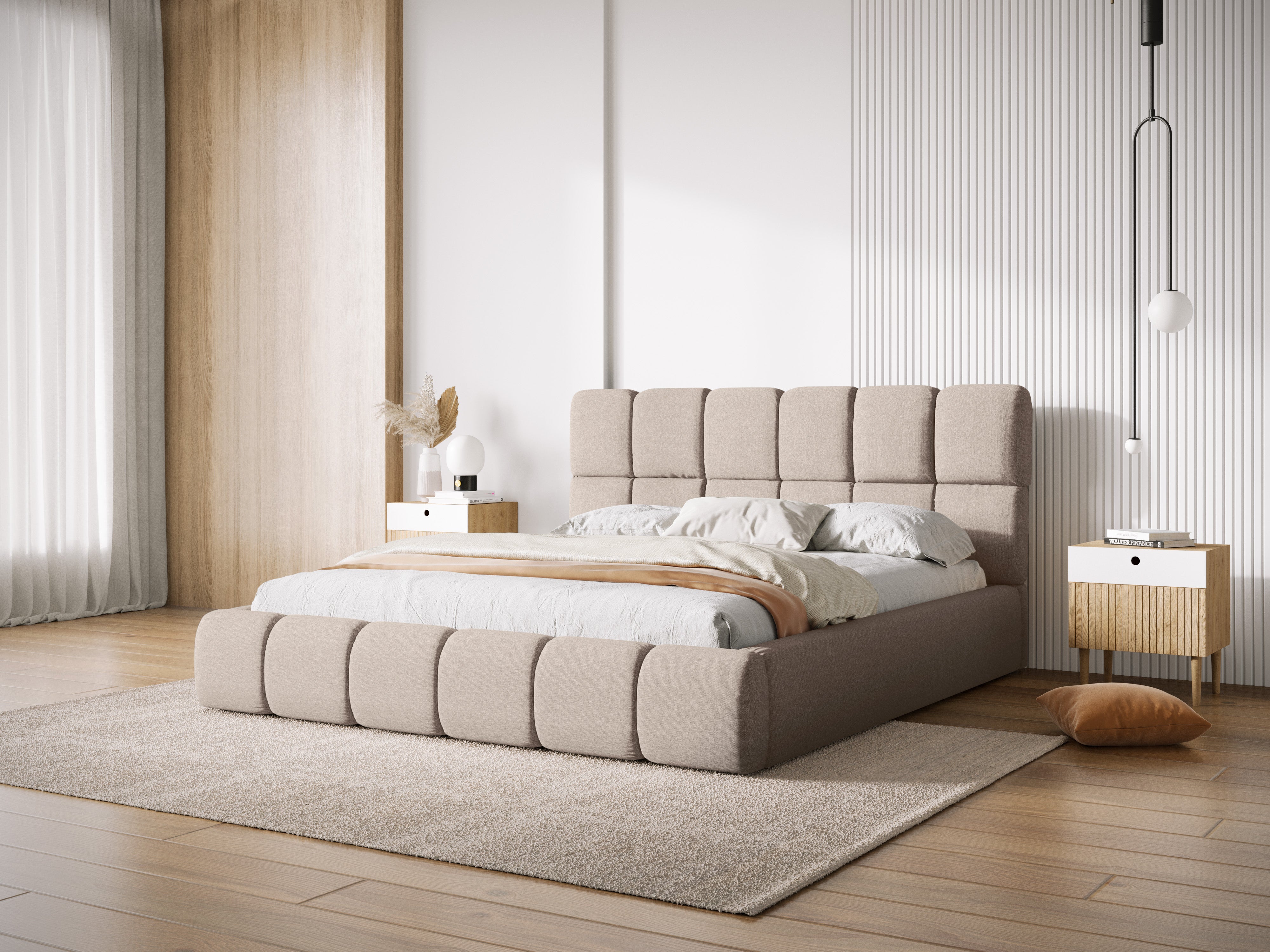 BELLIS bed met opbergruimte voor beddengoed, beige zijdeachtige chenille