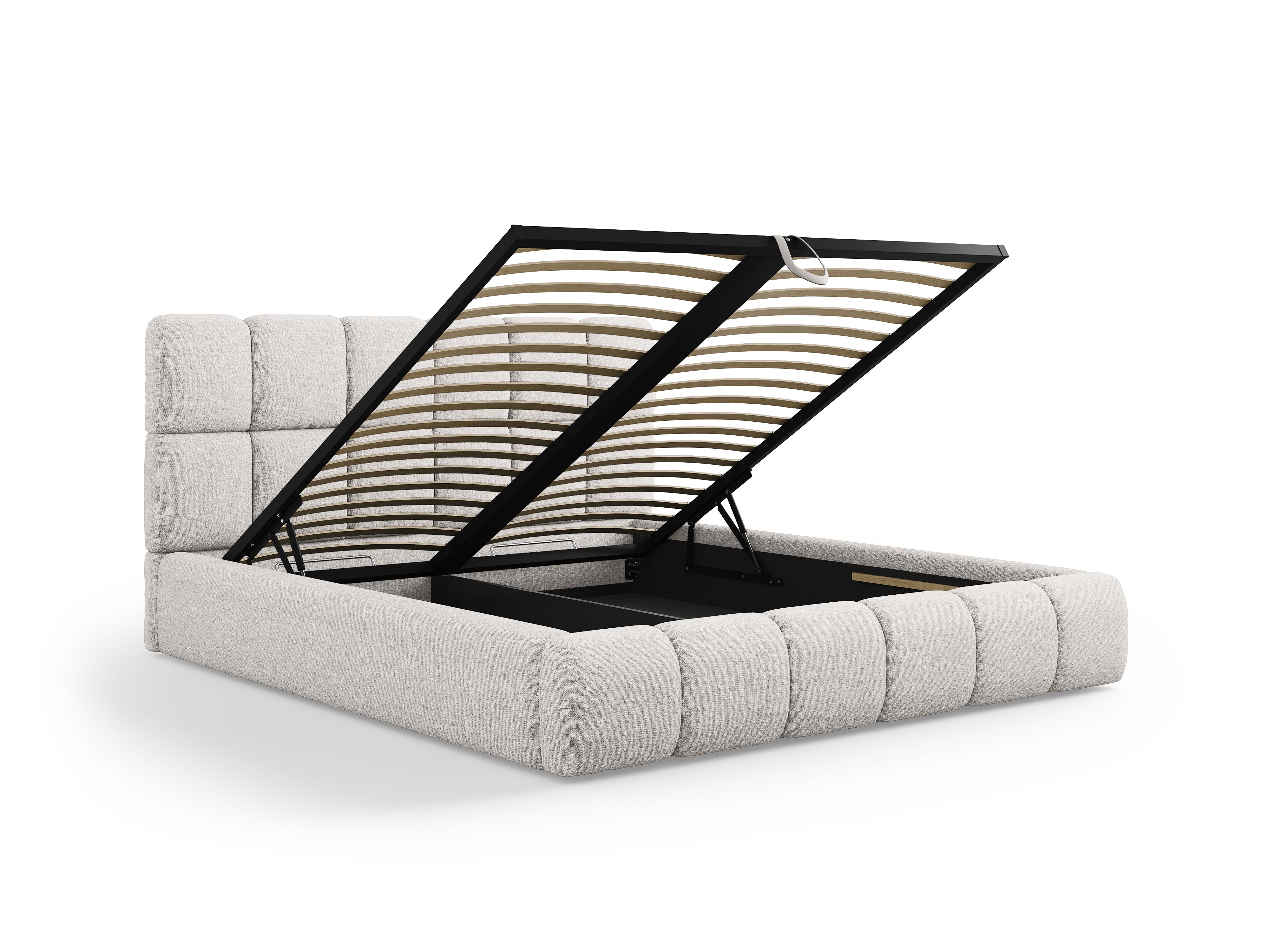 BELLIS bed met opbergruimte voor beddengoed in lichtgrijs zijdeachtig chenille