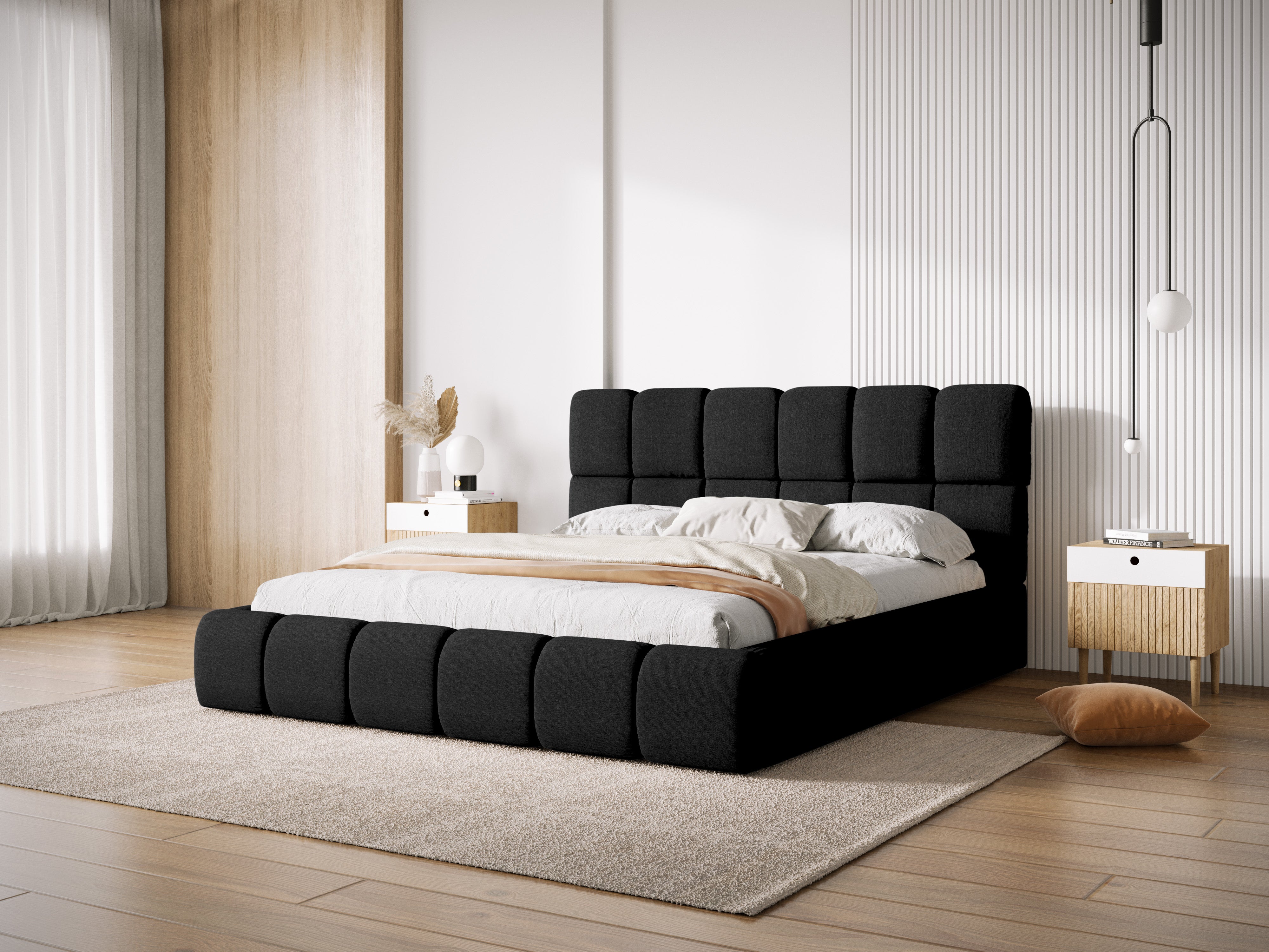 BELLIS bed met opbergruimte voor beddengoed, zwarte zijdeachtige chenille