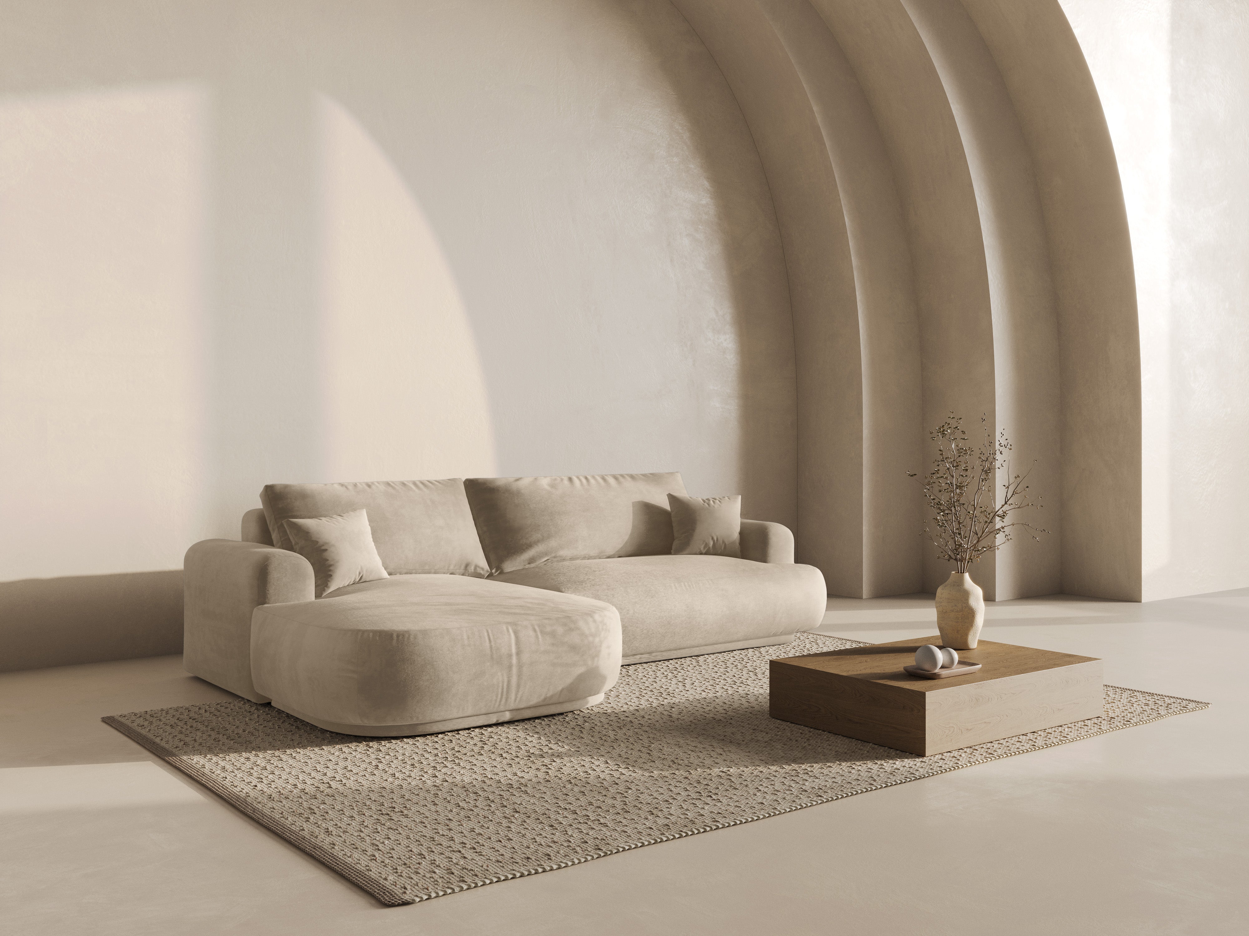 Linkszijdige fluwelen hoekbank met slaapfunctie ELLA lichtbeige