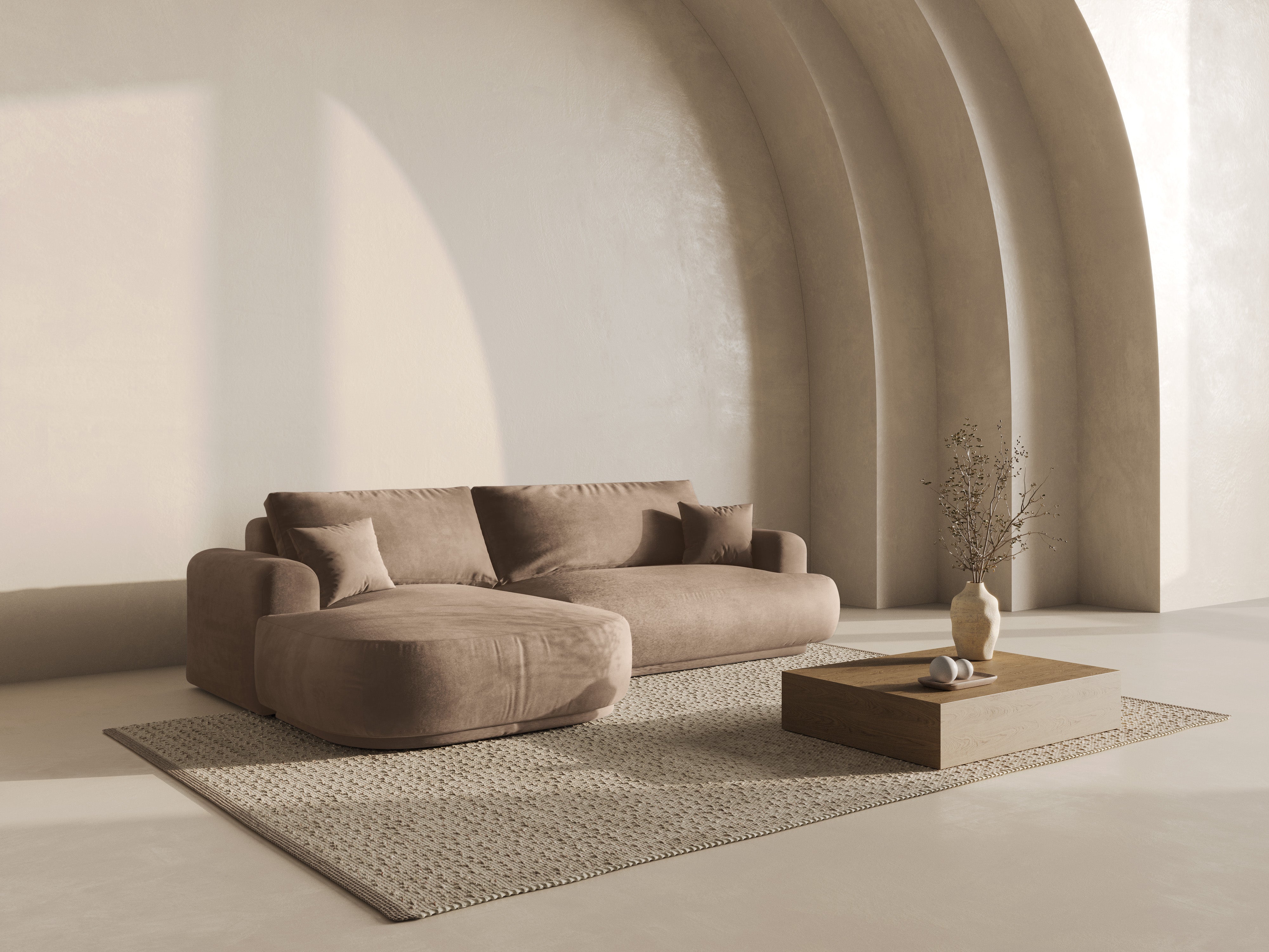 Linkszijdige fluwelen hoekbank met slaapfunctie ELLA donkerbeige