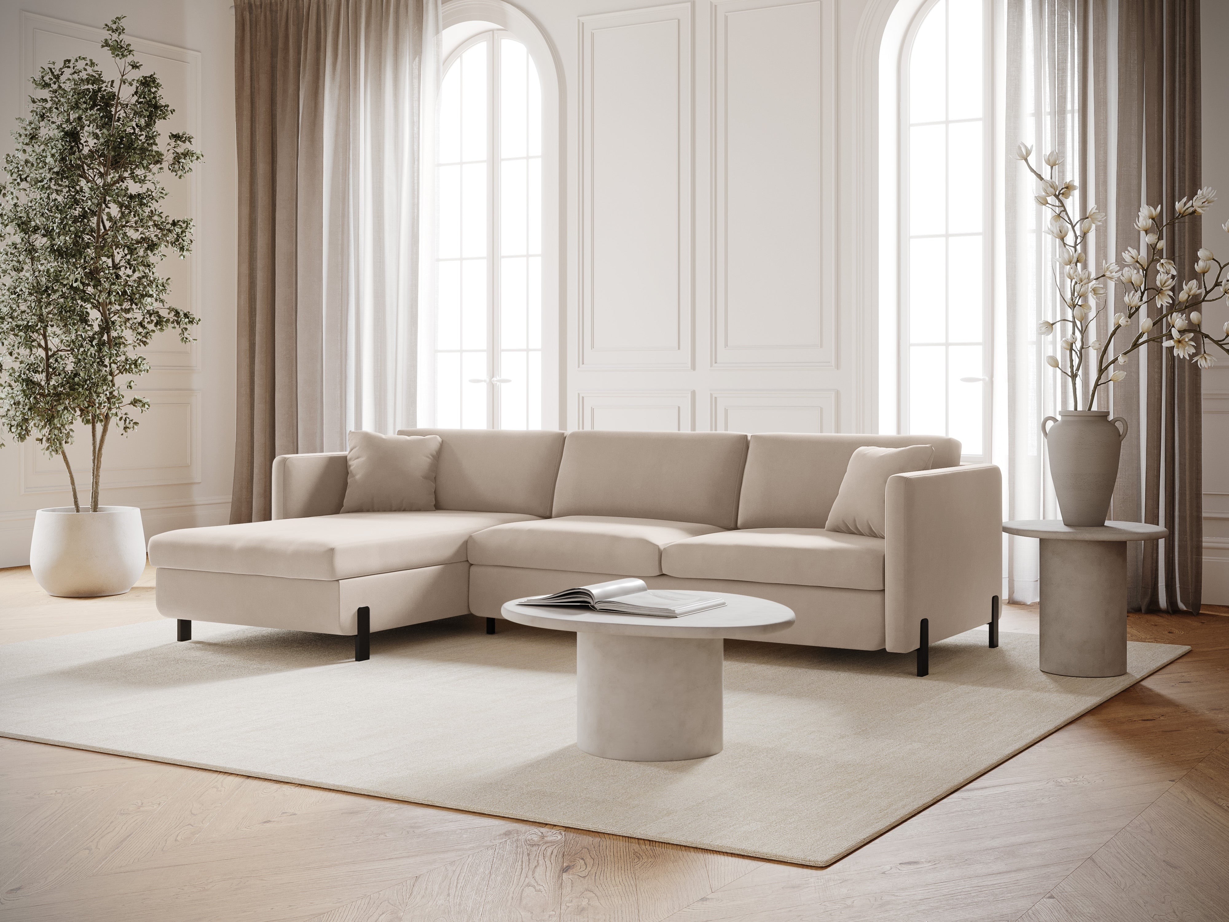 Left-facing velvet corner sofa with sleeping function GLORIA beige