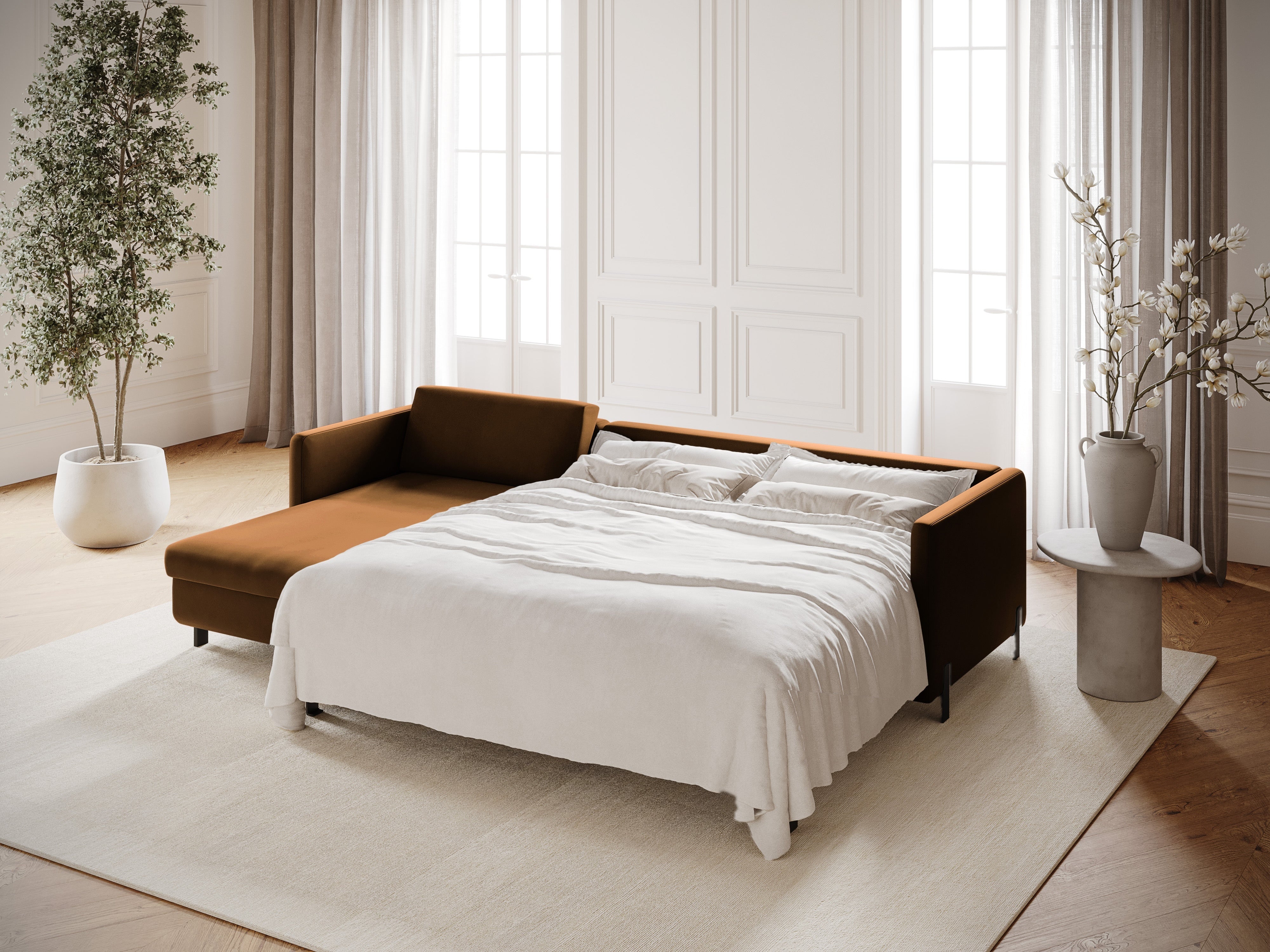 Samt-Ecksofa links mit Schlaffunktion GLORIA braun