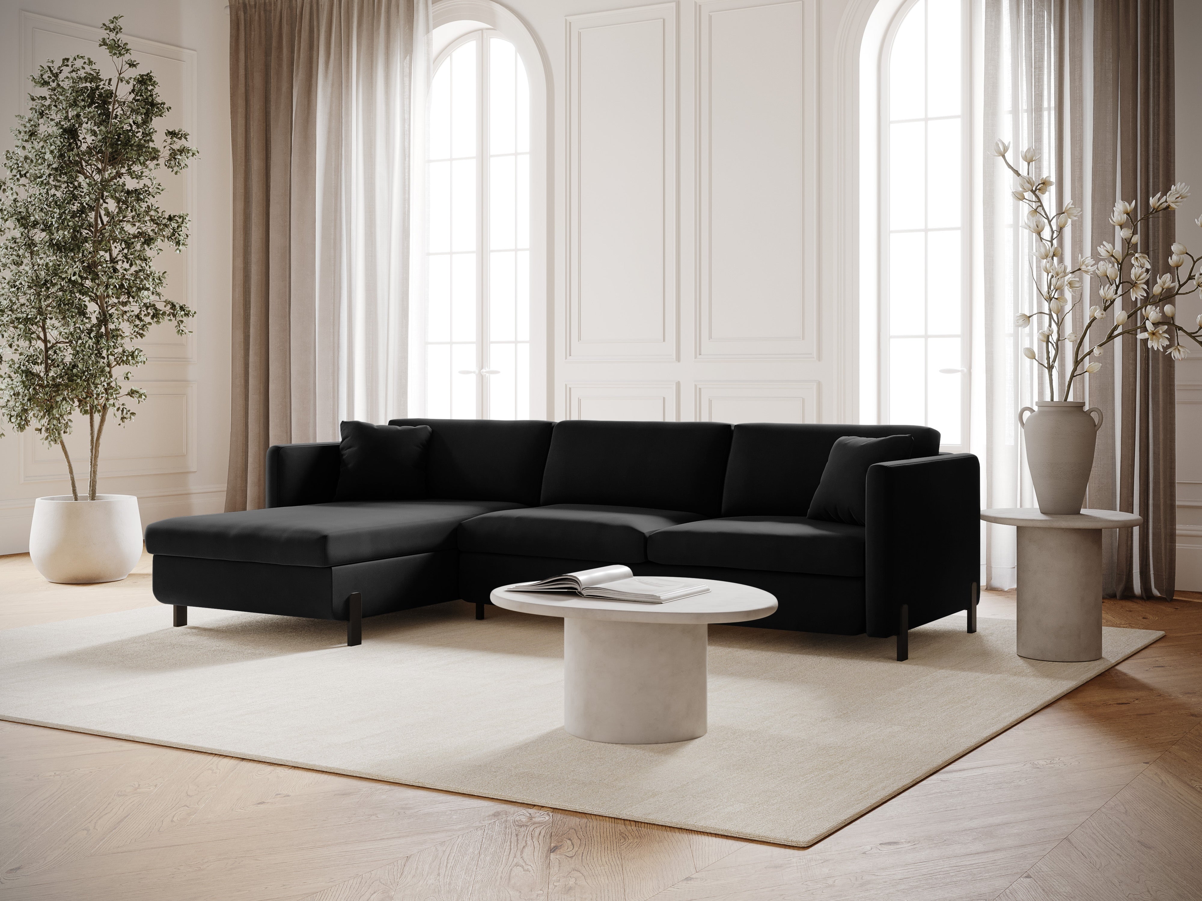 Samt-Ecksofa links mit Schlaffunktion GLORIA schwarz