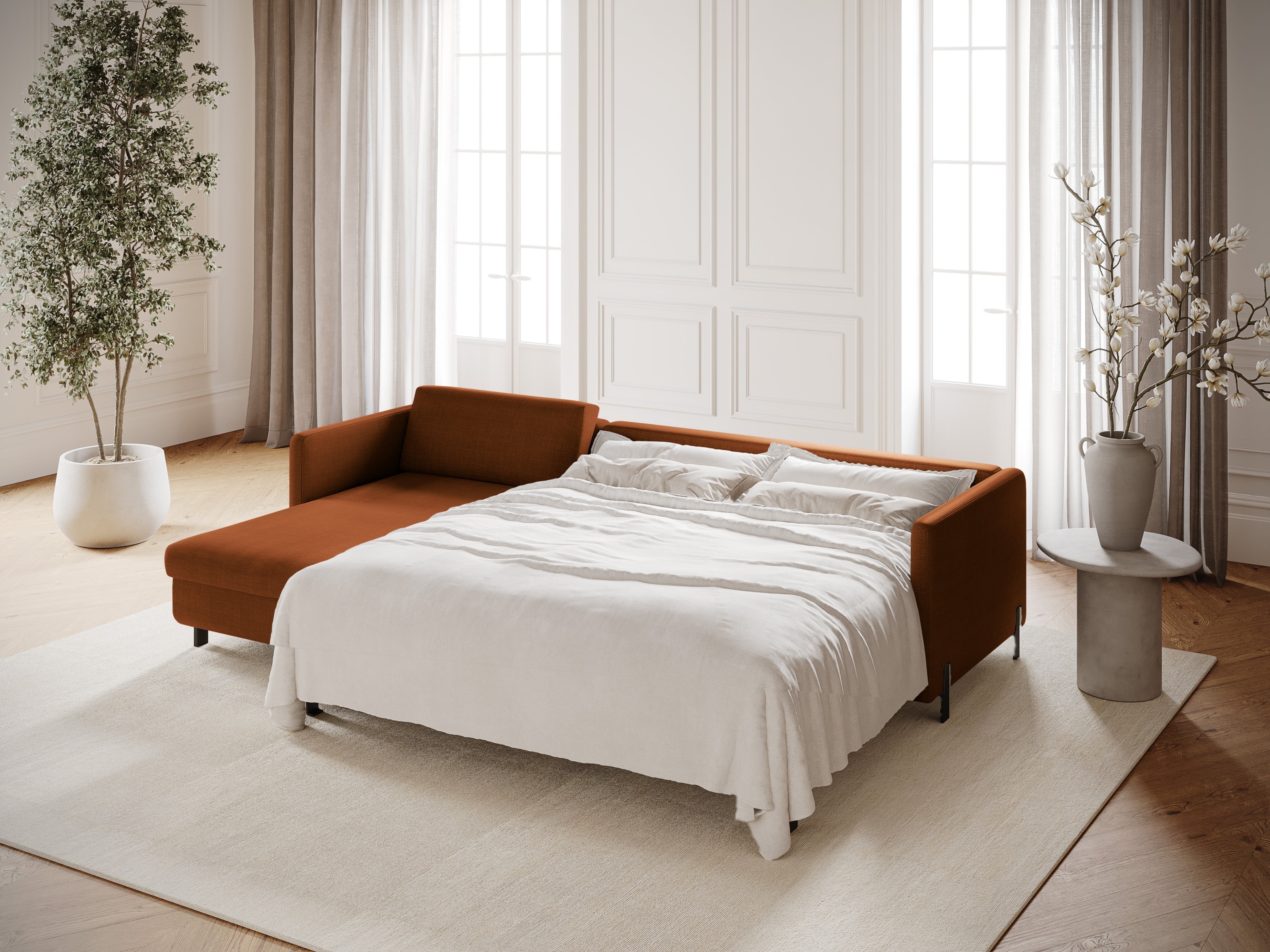 Linksseitiges 4-Sitzer Schlafsofa GLORIA in ziegelrotem Chenille