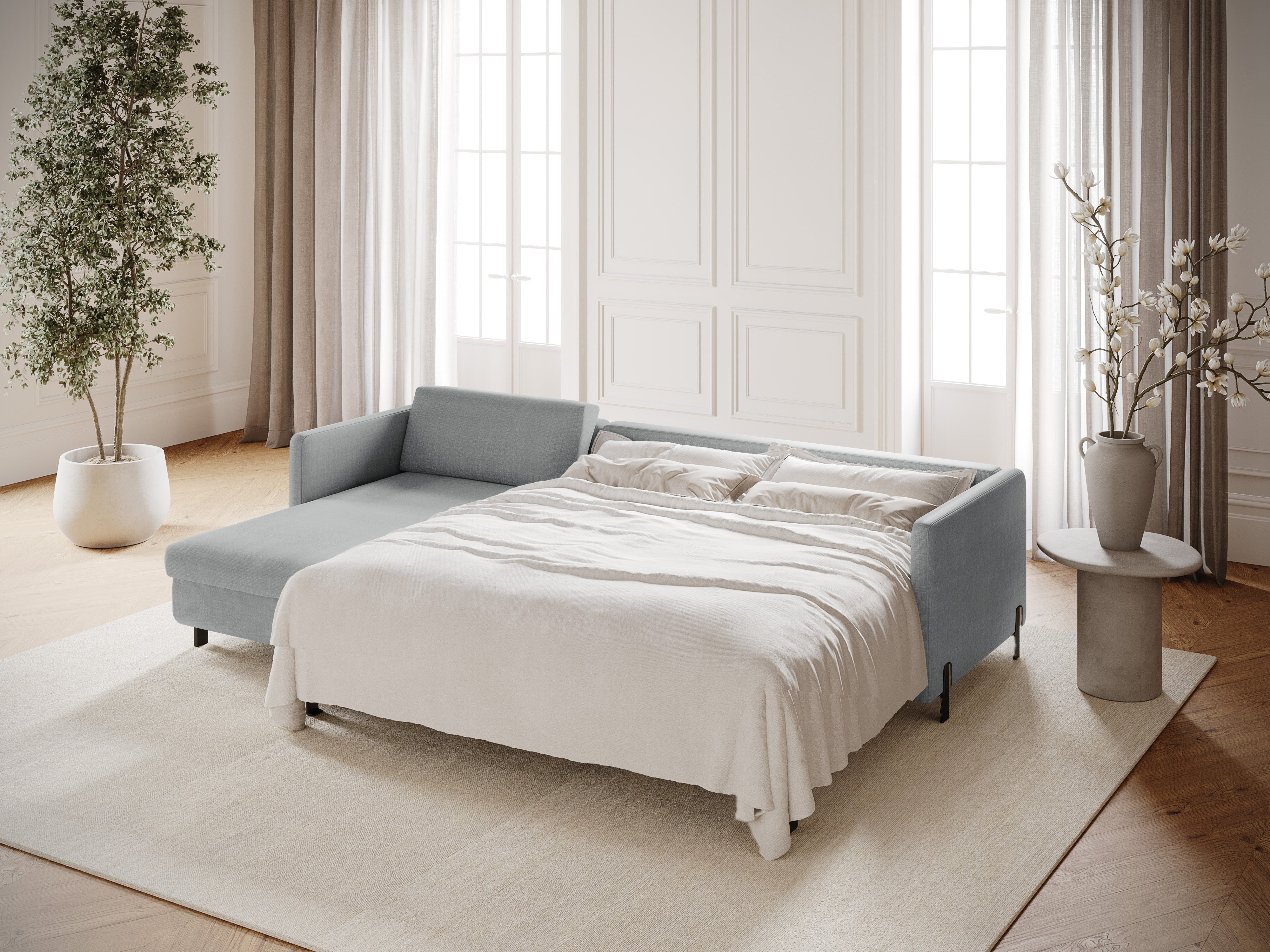 Linksseitiges 4-Sitzer Schlafsofa GLORIA in hellgrauem Chenille