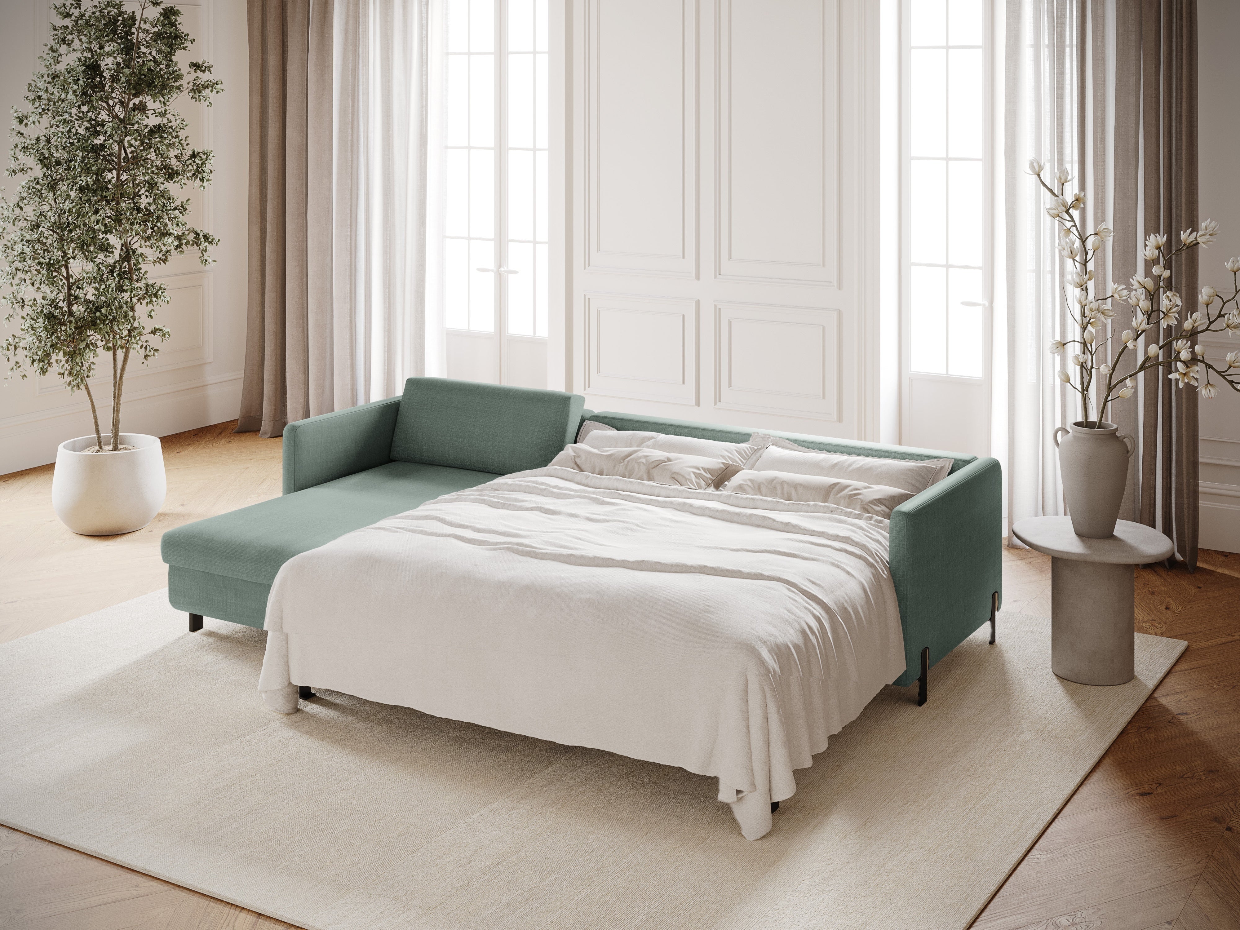 Linkerhoekbank voor 4 personen met slaapfunctie GLORIA in mintgroen chenille