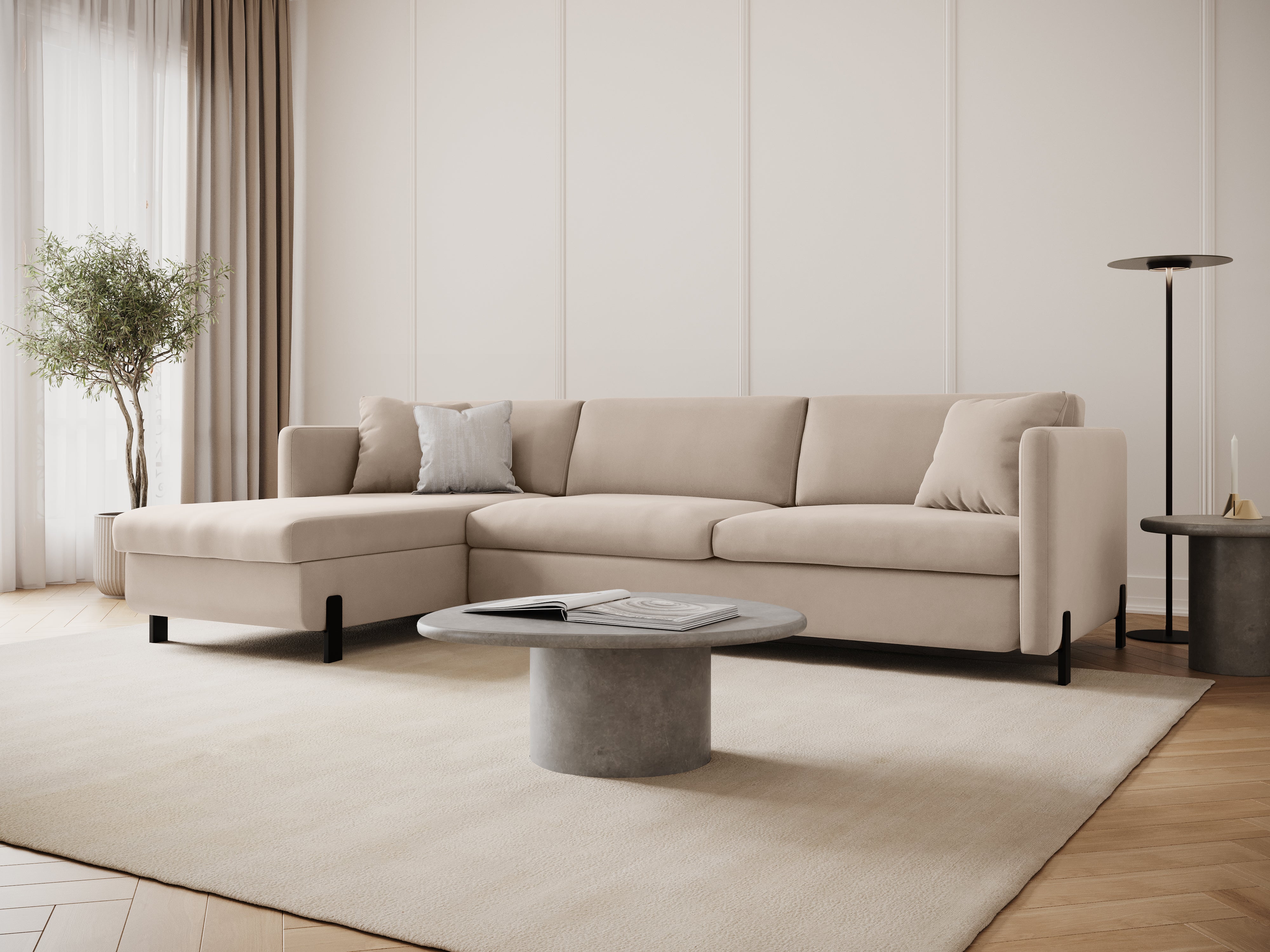 Samt-Ecksofa linksseitig für 4 Personen mit Schlaf-Funktion GLORIA beige