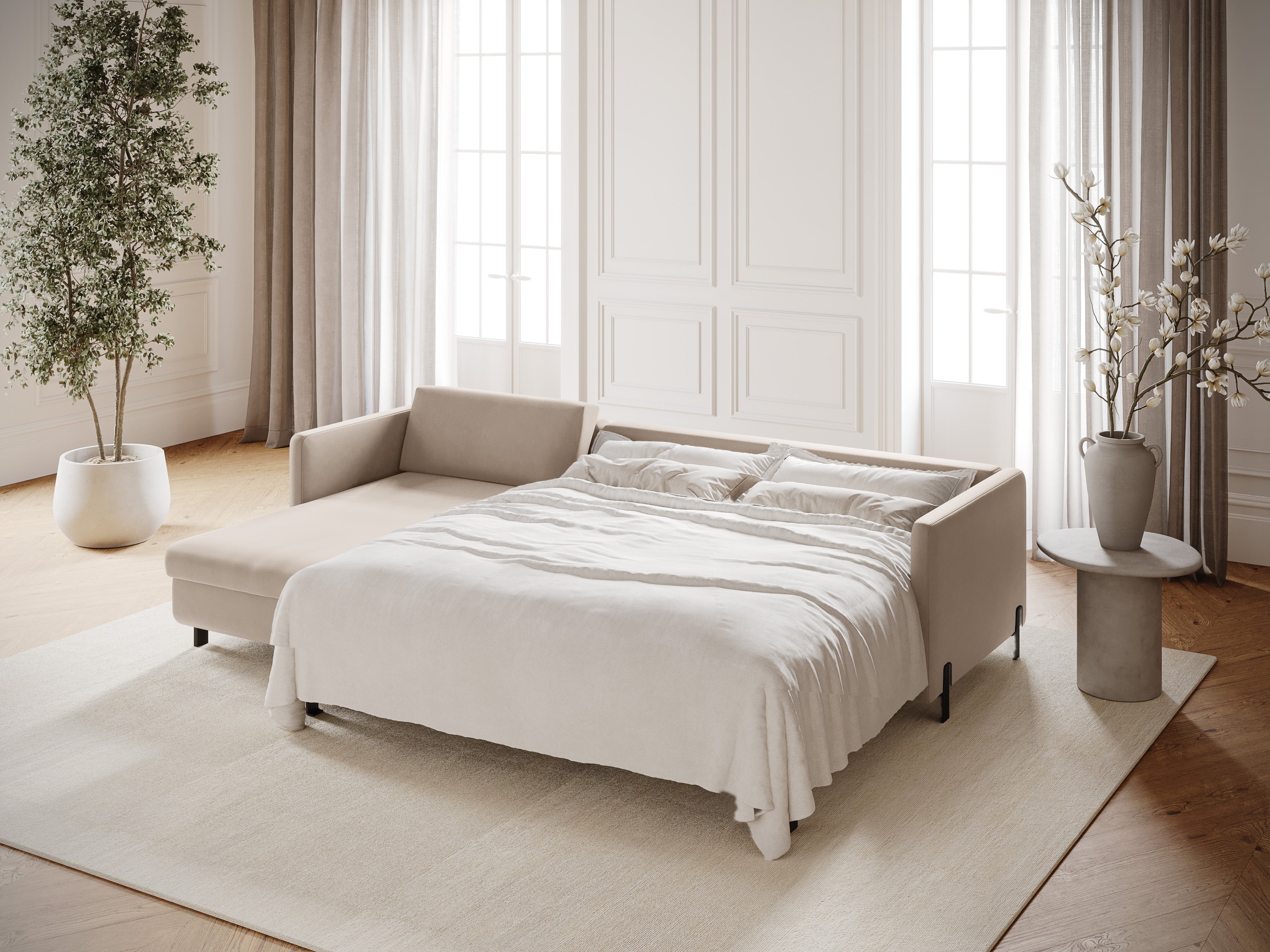 Samt-Ecksofa linksseitig für 4 Personen mit Schlaf-Funktion GLORIA beige