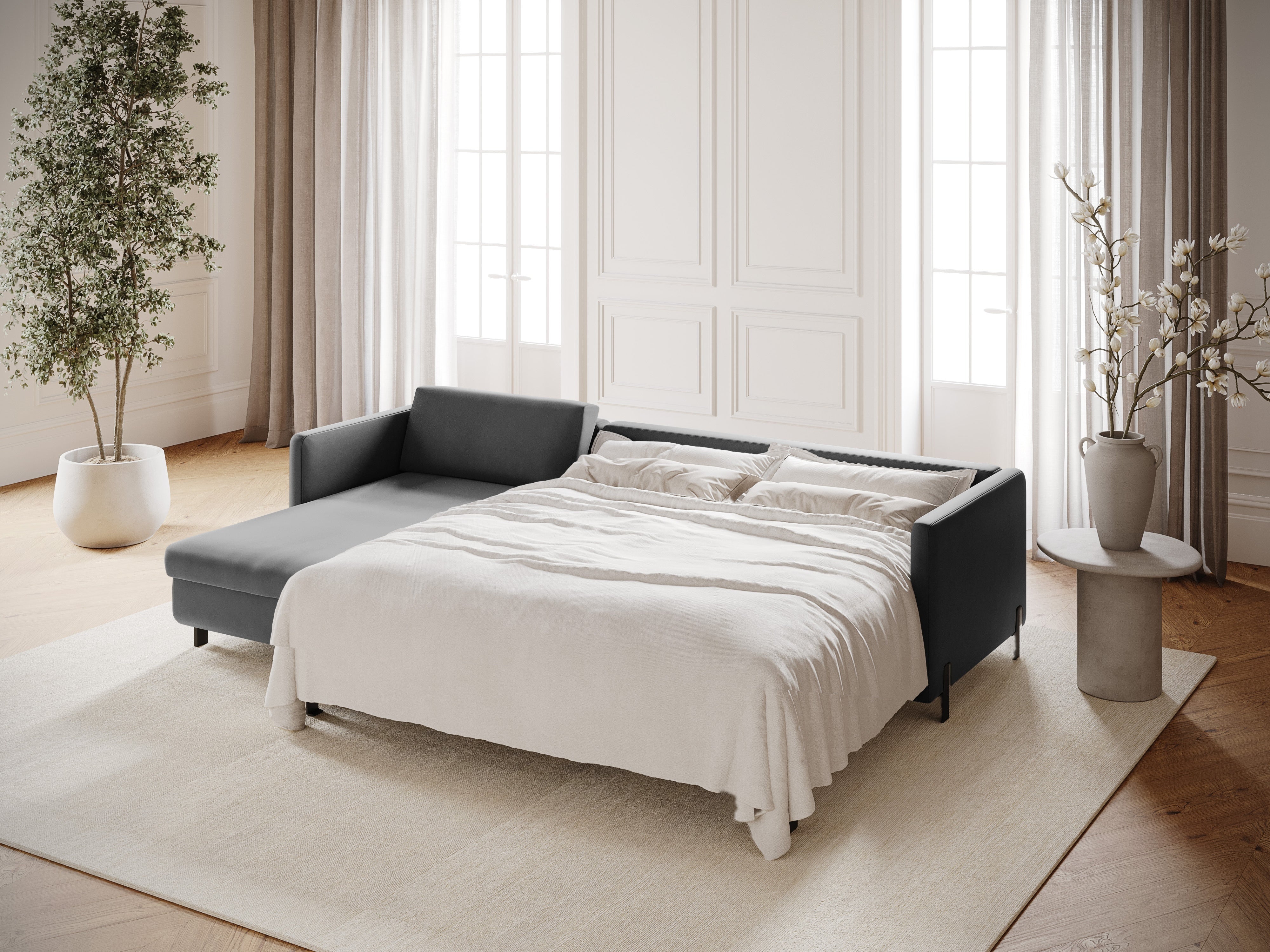 Grijze fluwelen linkerhoekbank voor 4 personen met slaapfunctie GLORIA