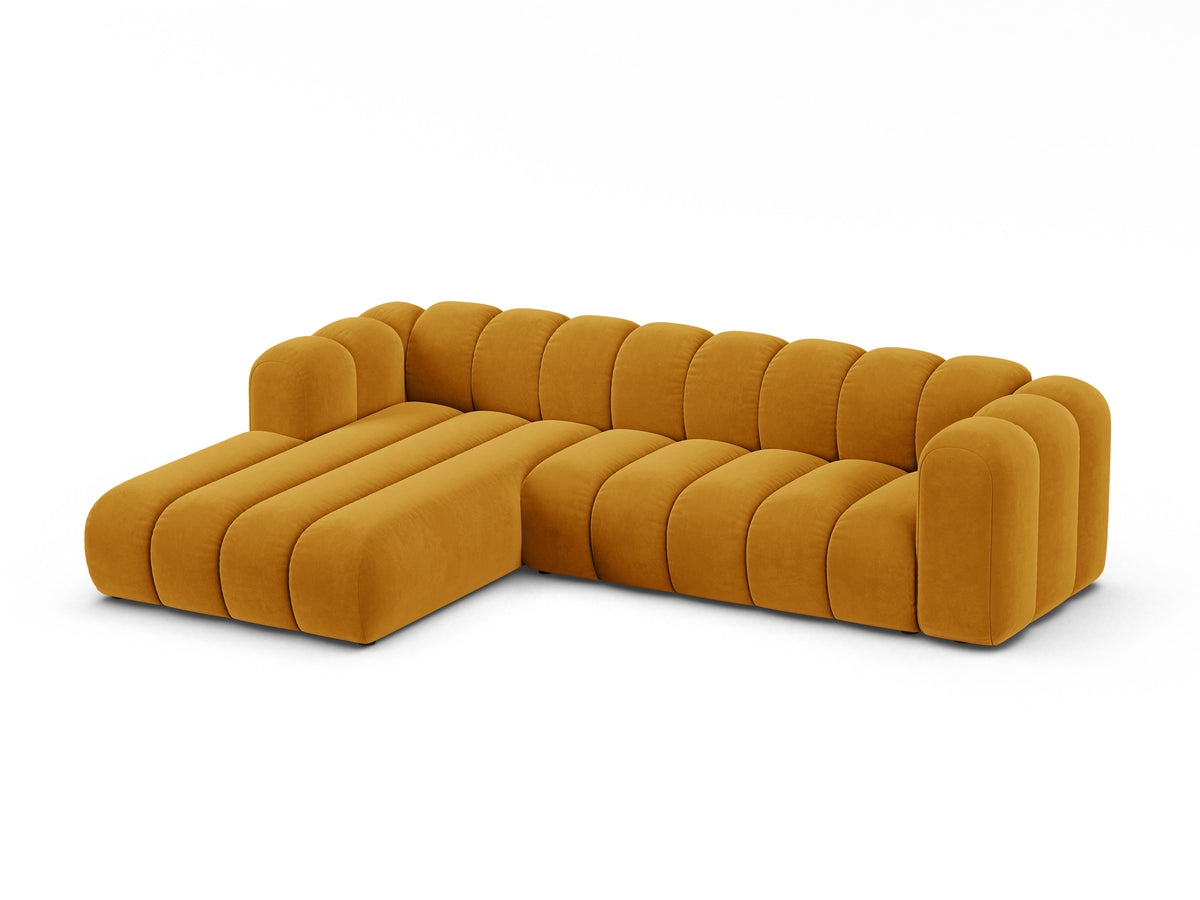 Narożnik aksamitny 4-osobowy lewostronny LUPINE musztardowy – sofa narożna