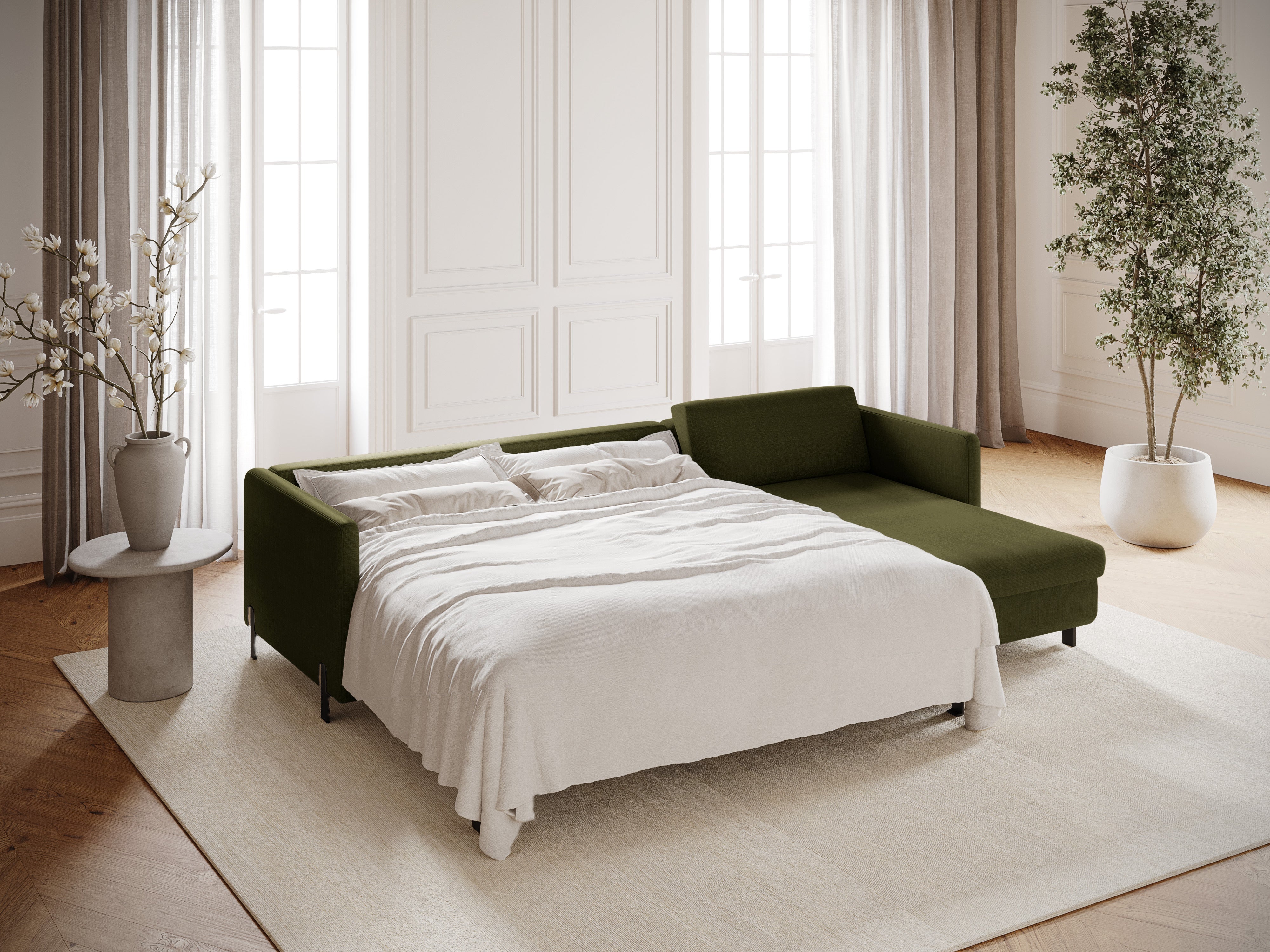 Rechtsseitige Schlafcouch GLORIA in grünem Chenille