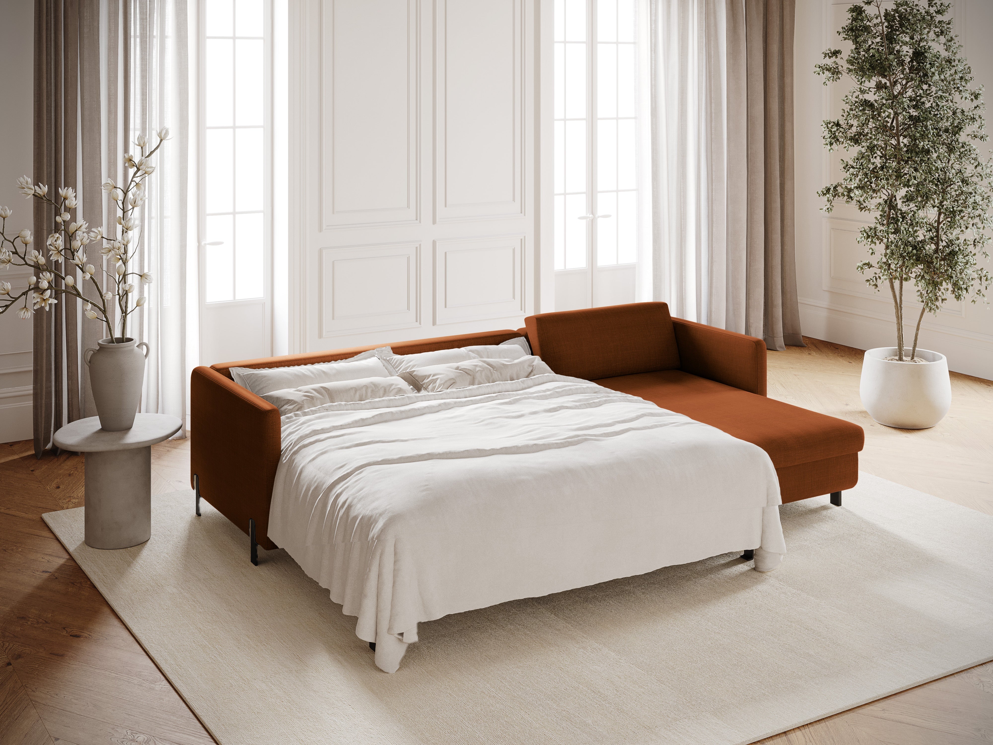 Rechtsseitige Schlafcouch GLORIA aus ziegelrotem Chenille