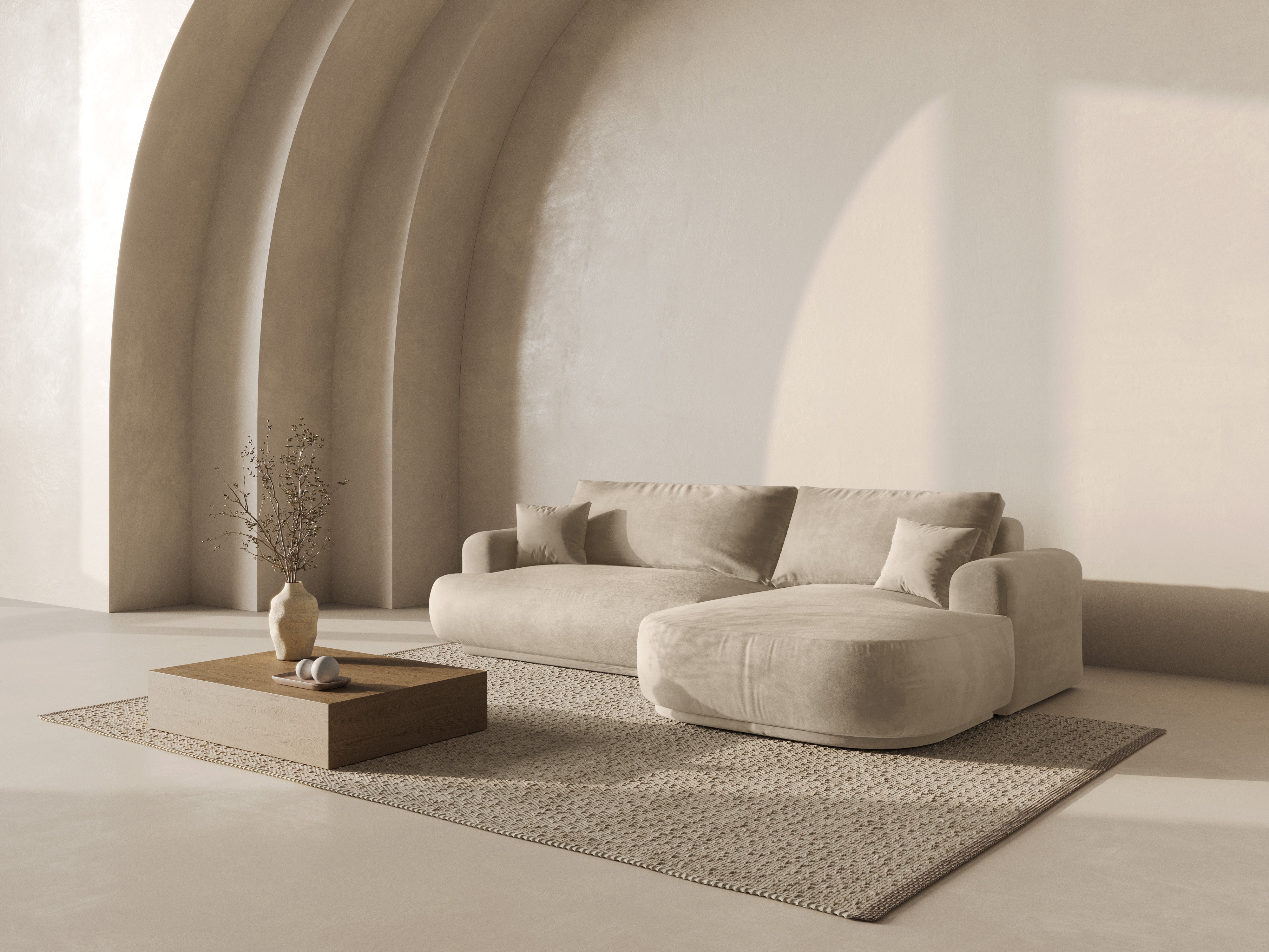 Right -sided velvet corner with sleeping function Ella light beige