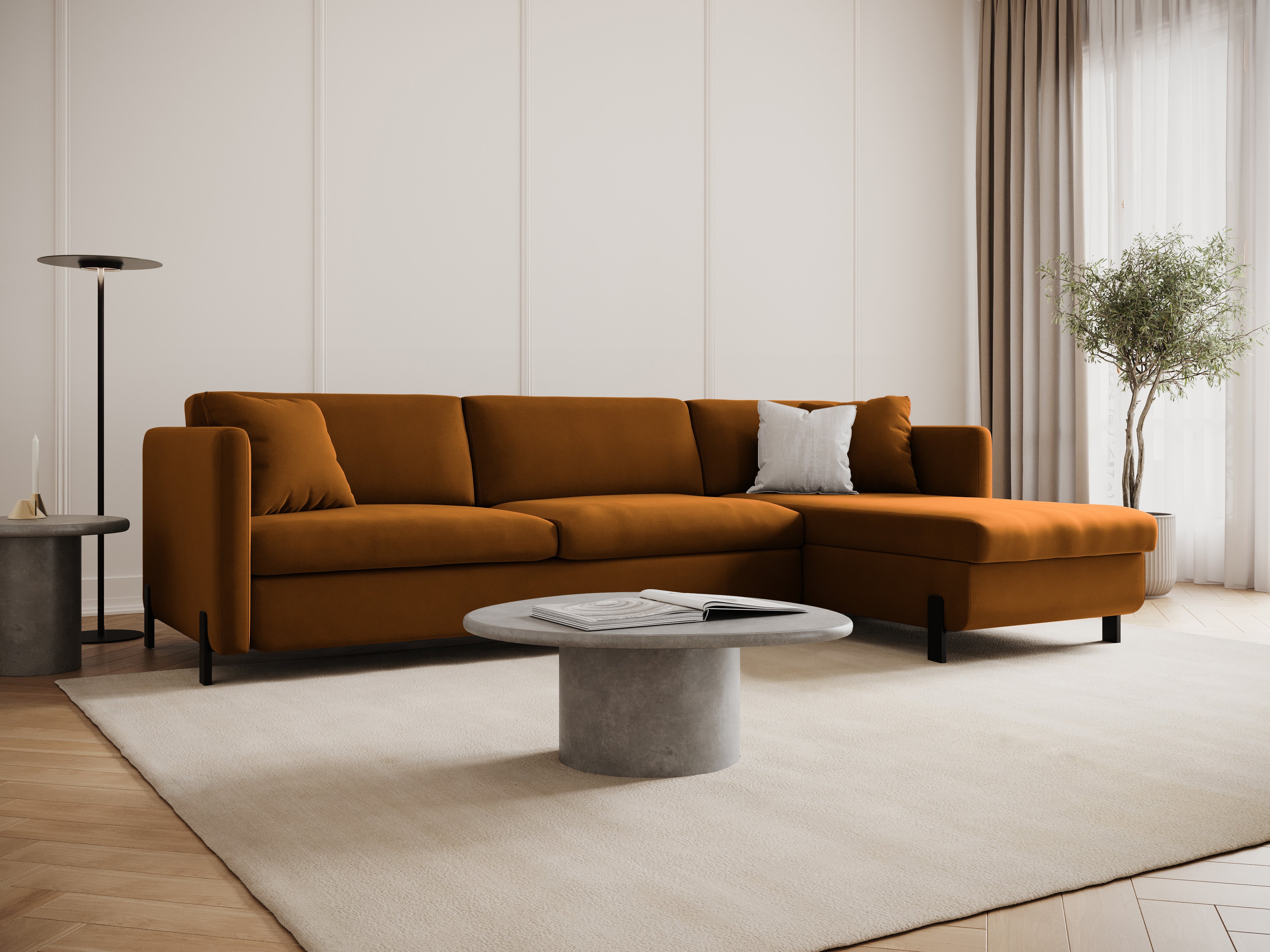 Samt-Ecksofa rechts mit Schlaffunktion GLORIA braun