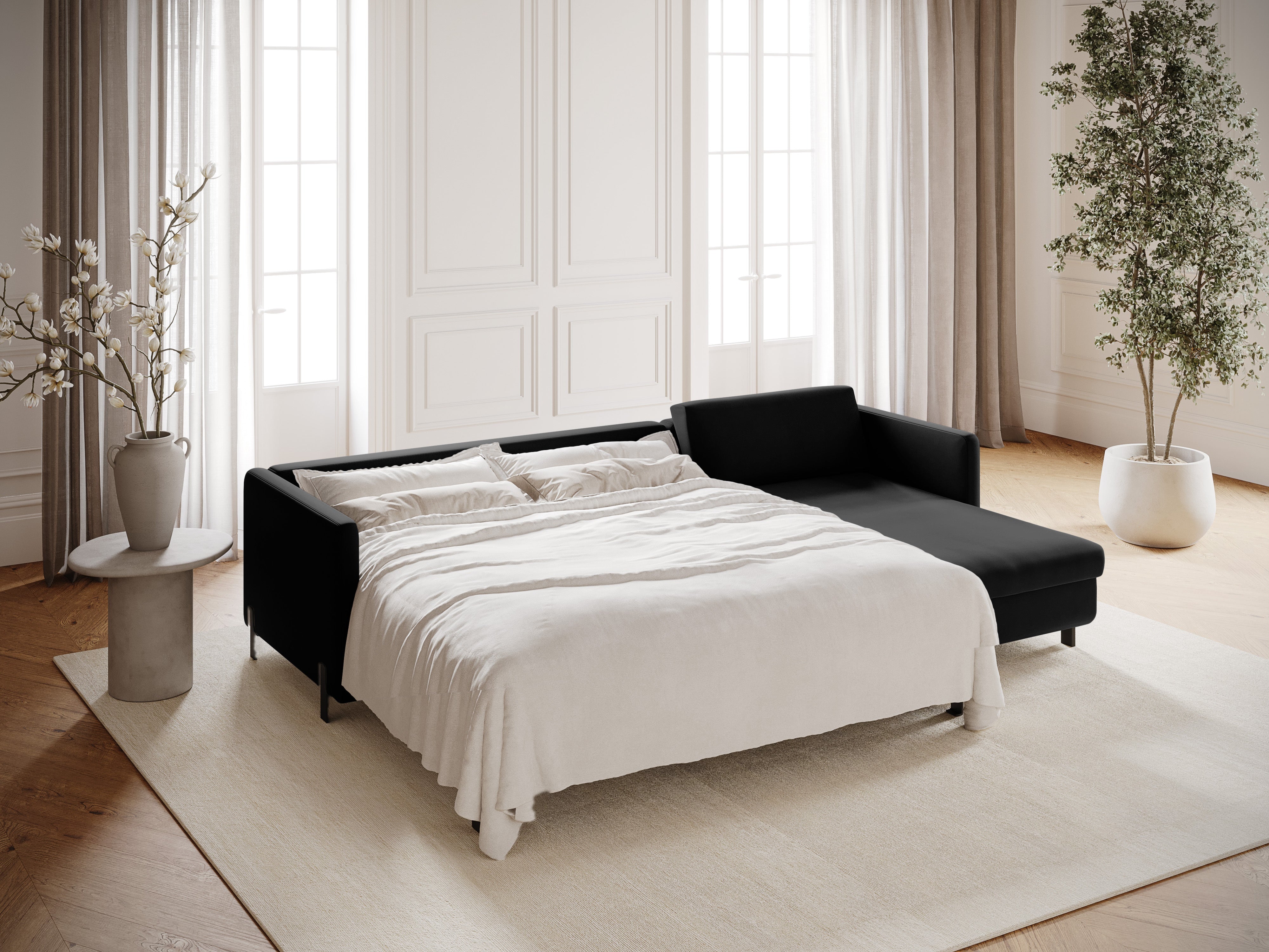 Samt-Ecksofa rechts mit Schlaffunktion GLORIA schwarz