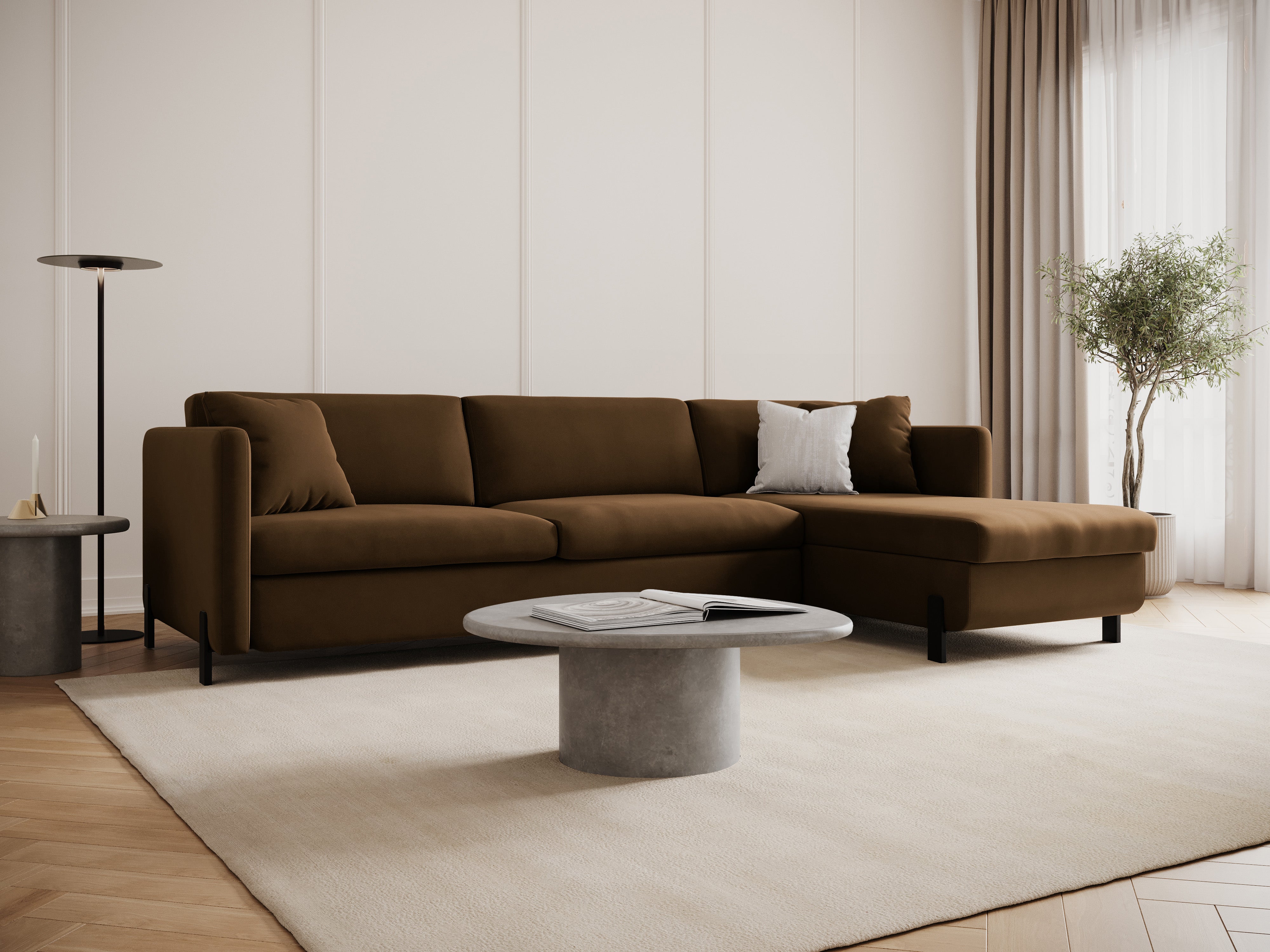 Samt-Ecksofa rechtsseitig für 4 Personen mit Schlaf-Funktion GLORIA schokoladenbraun