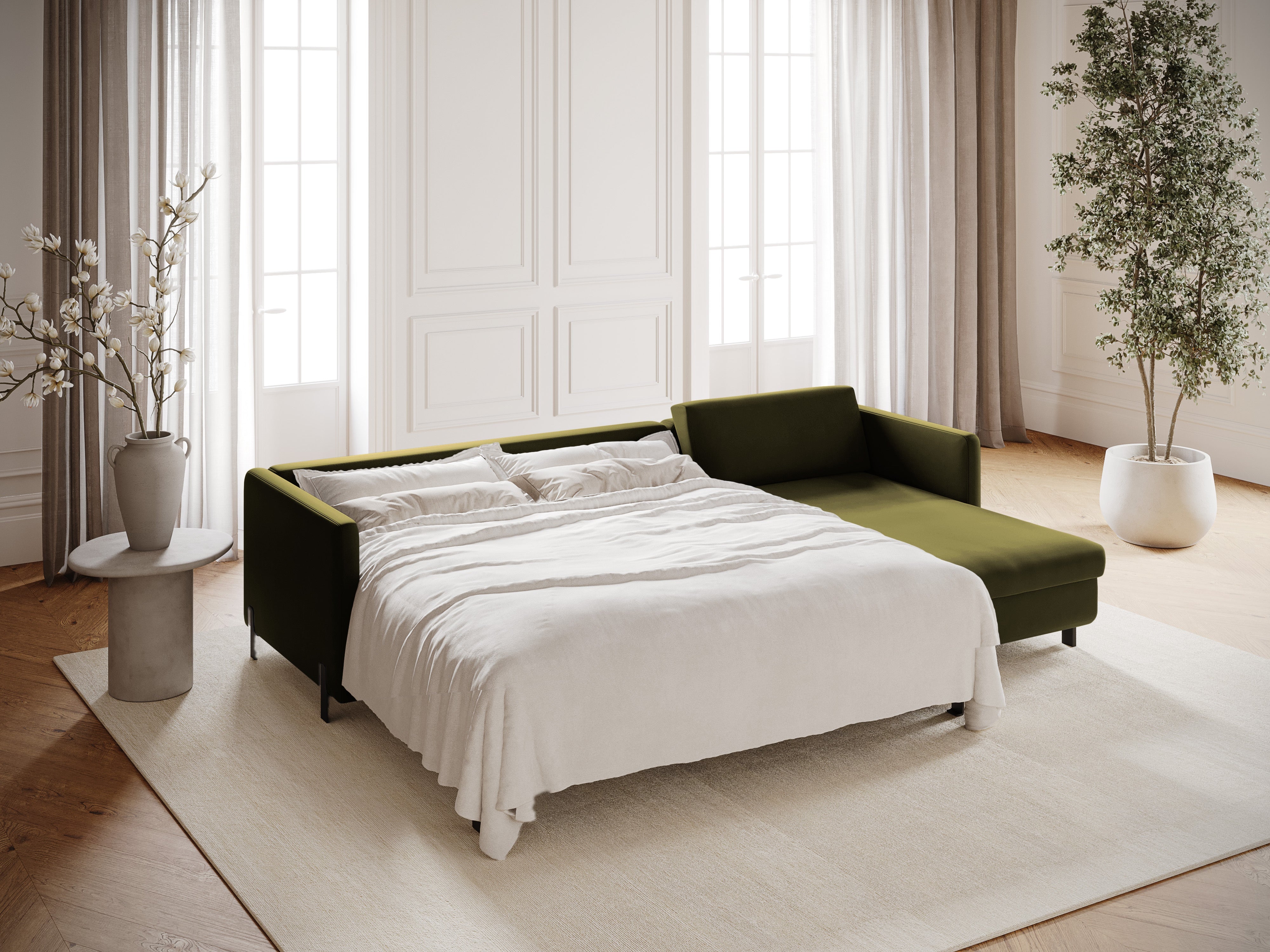 Samt-Ecksofa rechtsseitig für 4 Personen mit Schlaf-Funktion GLORIA grün