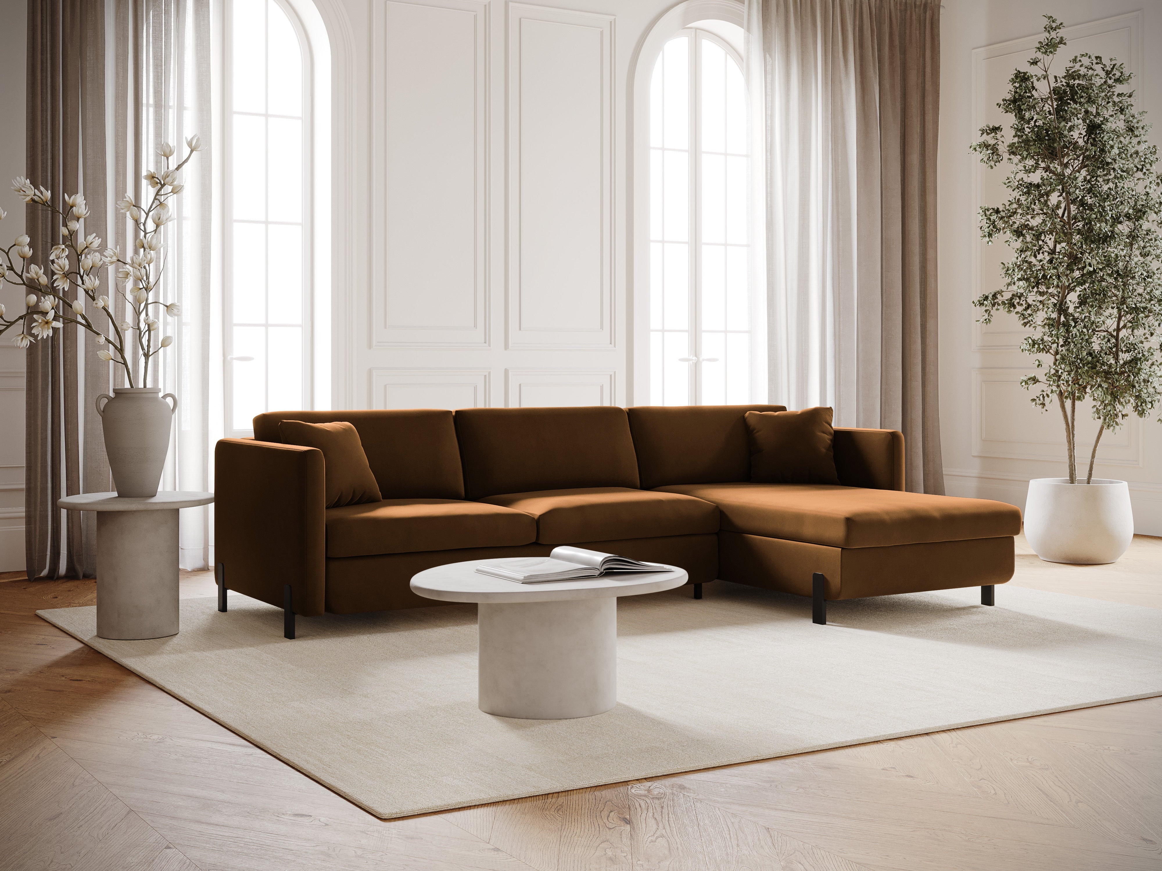 Samt-Ecksofa rechtsseitig für 4 Personen mit Schlaf-Funktion GLORIA braun