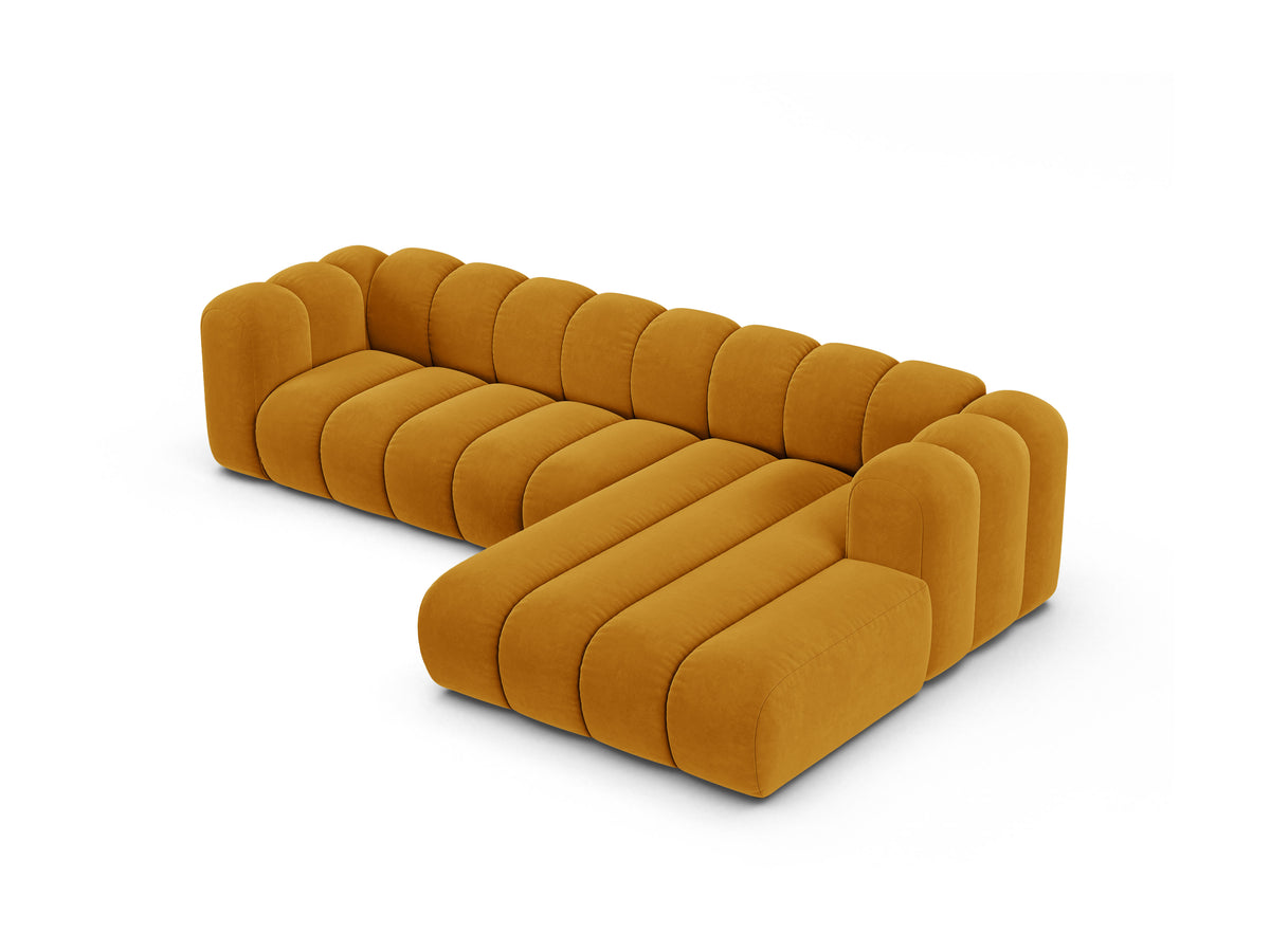 Narożnik aksamitny 4-osobowy prawostronny LUPINE musztardowy – sofa narożna